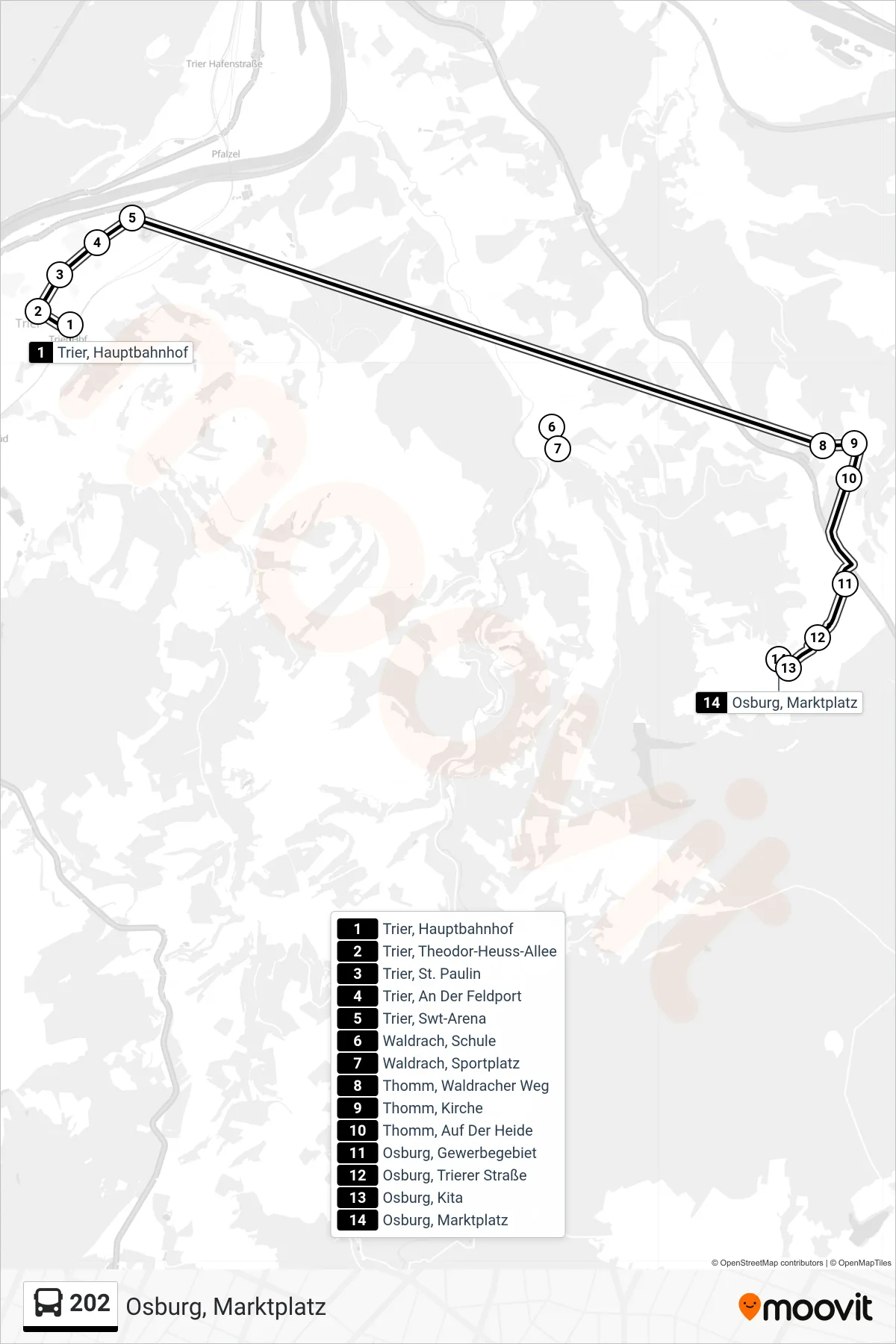202 bus Line (Osburg, Marktplatz) route and stops on a map