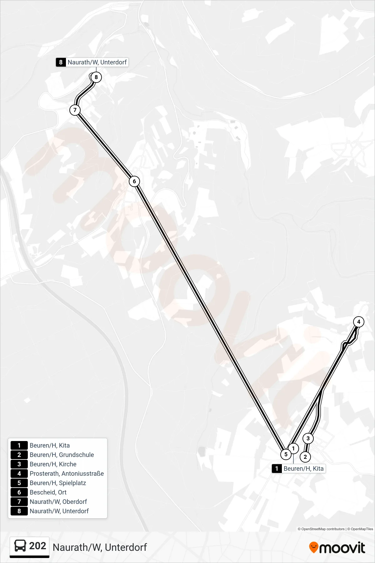 202 bus Line (Naurath/W, Unterdorf) route and stops on a map