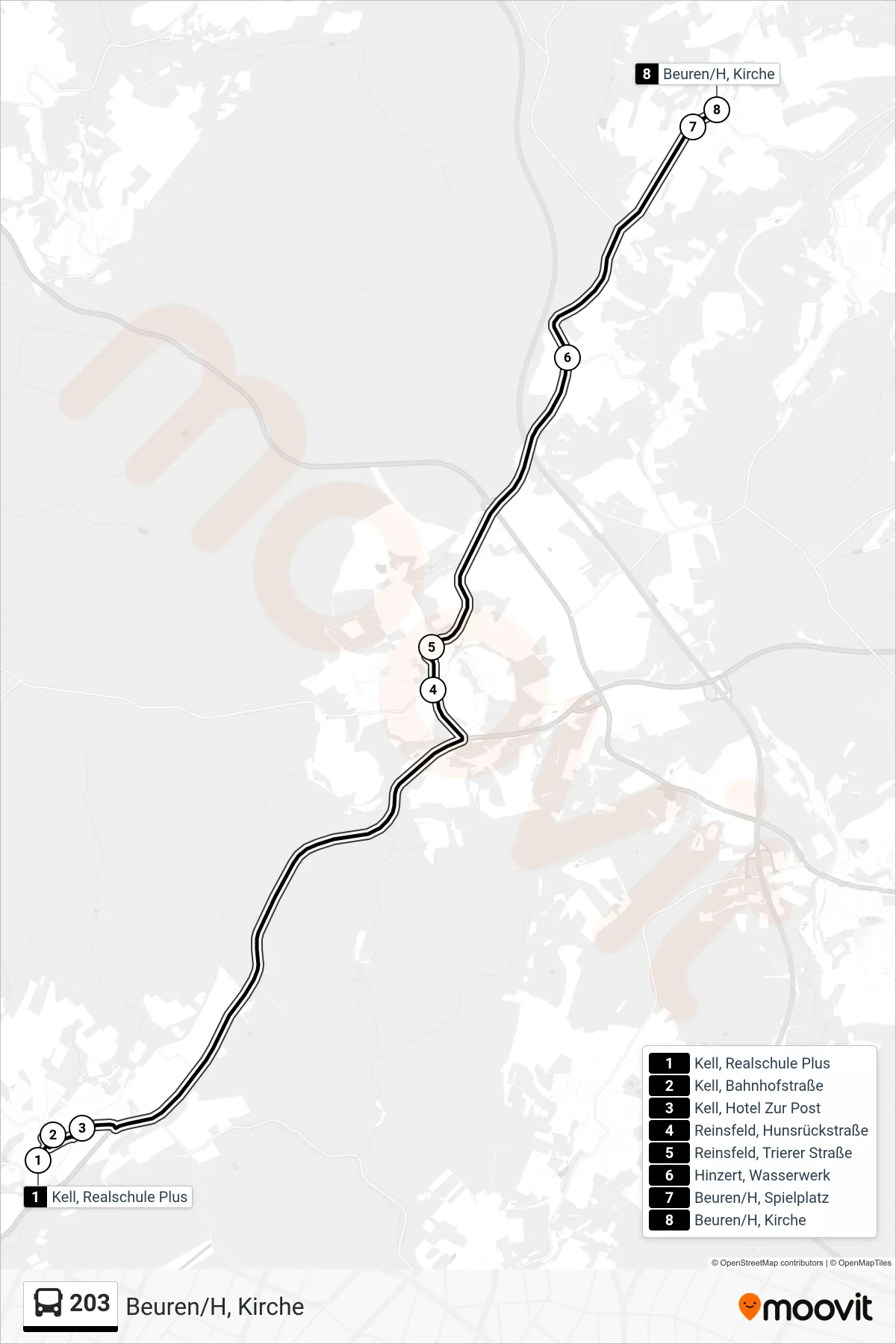 203 bus Line (Beuren/H, Kirche) route and stops on a map