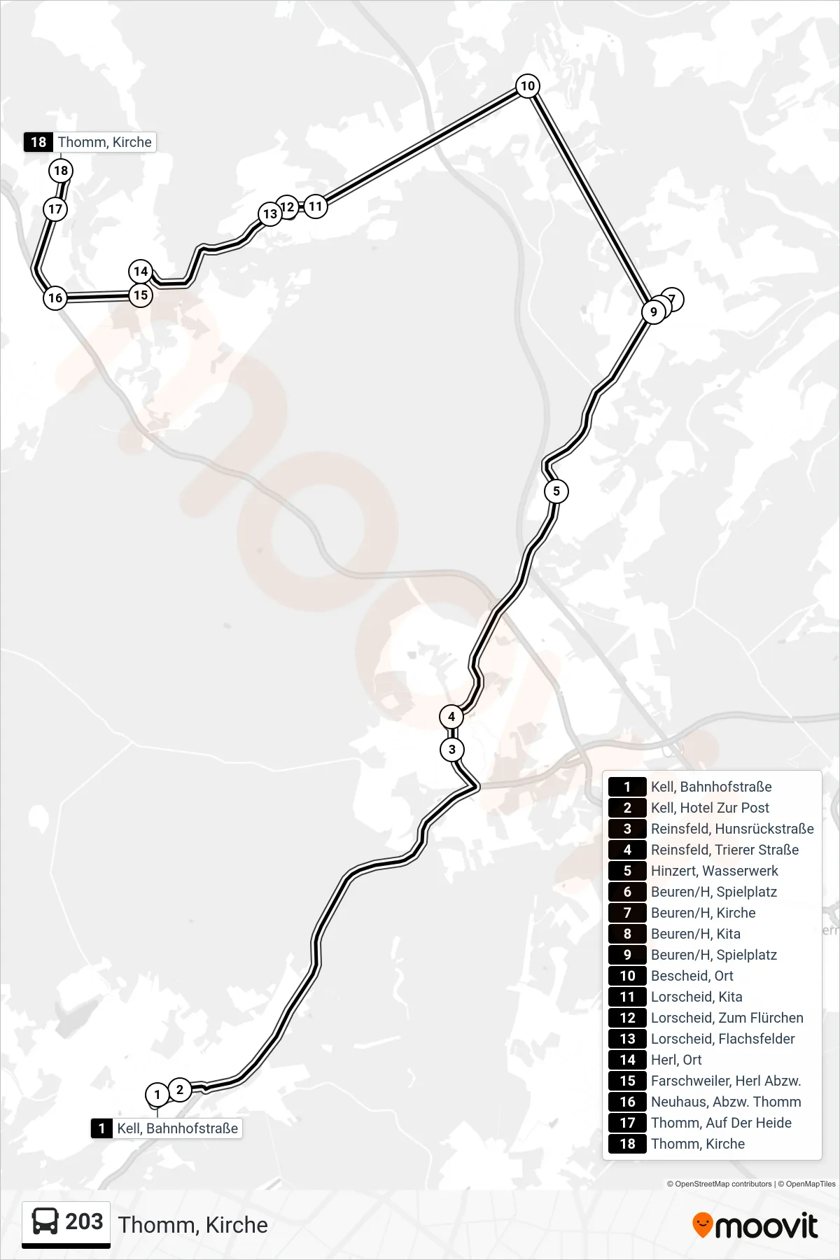 203 bus Line (Thomm, Kirche) route and stops on a map