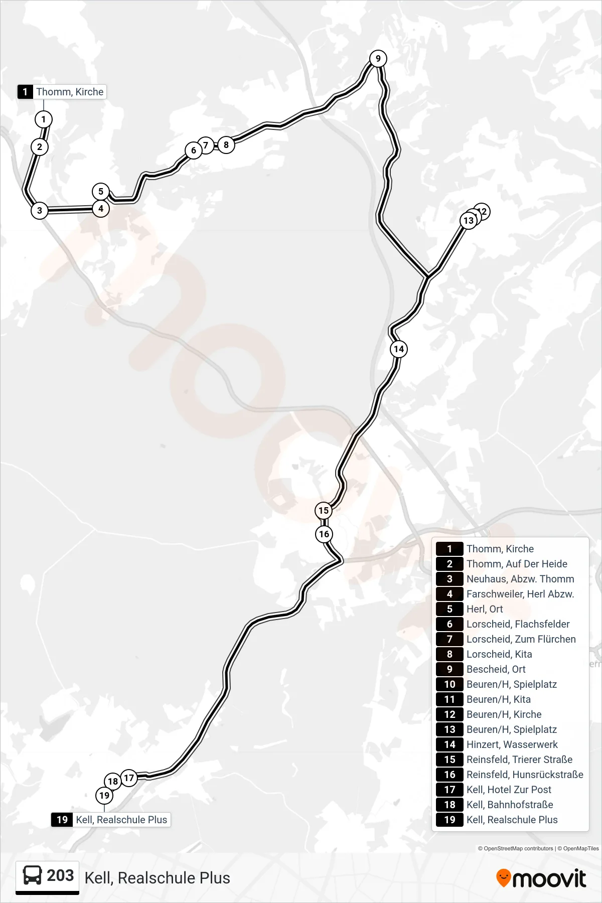 203 bus Line (Kell, Realschule Plus) route and stops on a map