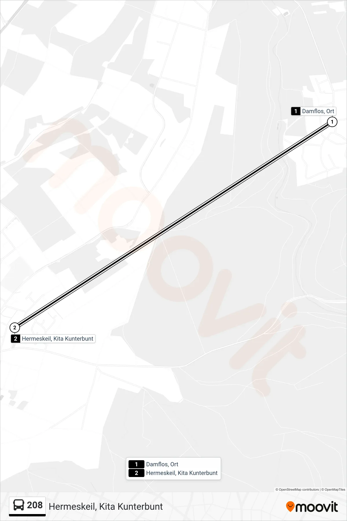208 bus Line (Hermeskeil, Kita Kunterbunt) route and stops on a map