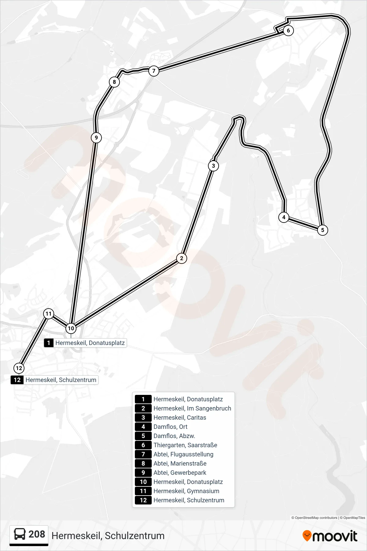 208 bus Line (Hermeskeil, Schulzentrum) route and stops on a map