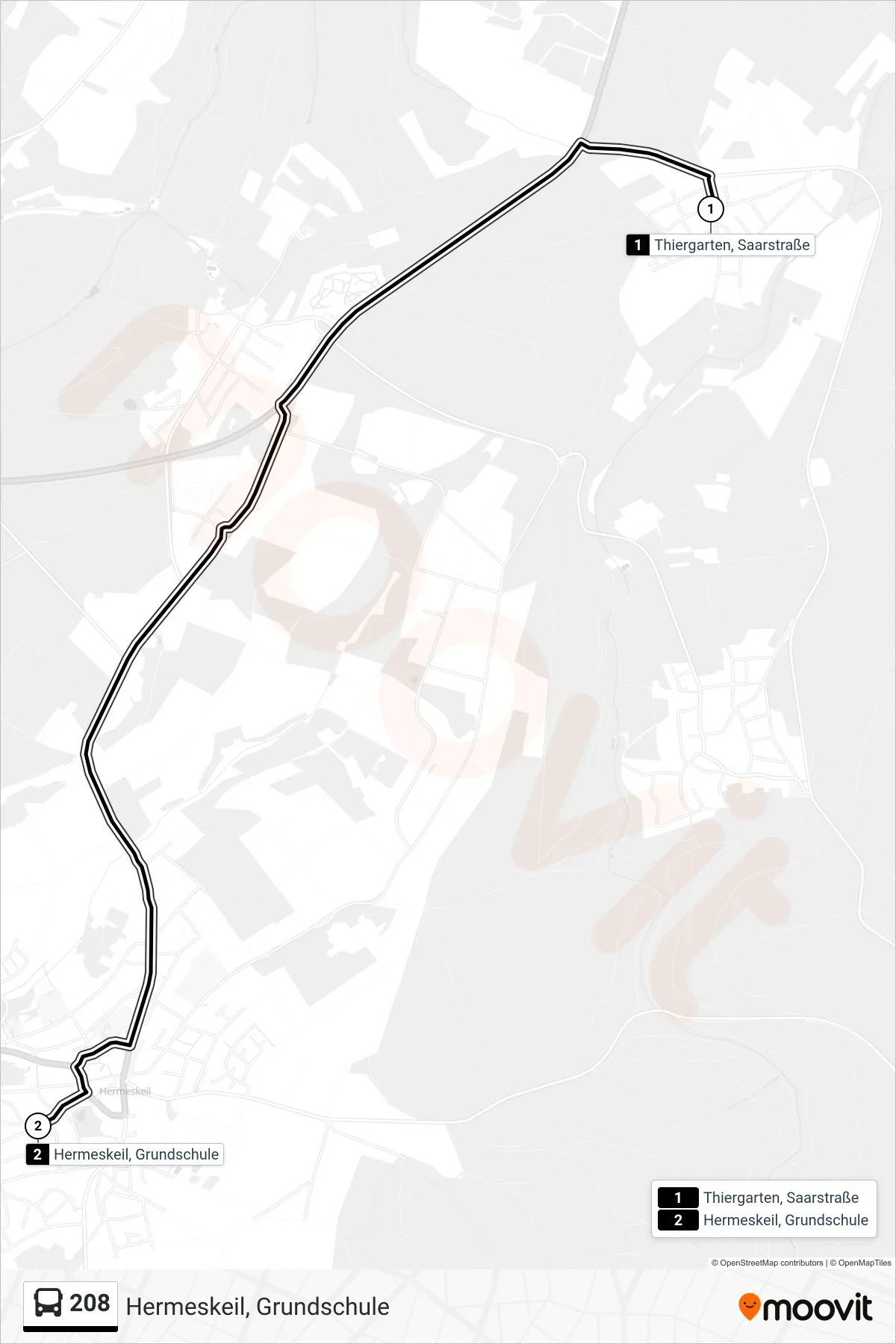 208 bus Line (Hermeskeil, Grundschule) route and stops on a map