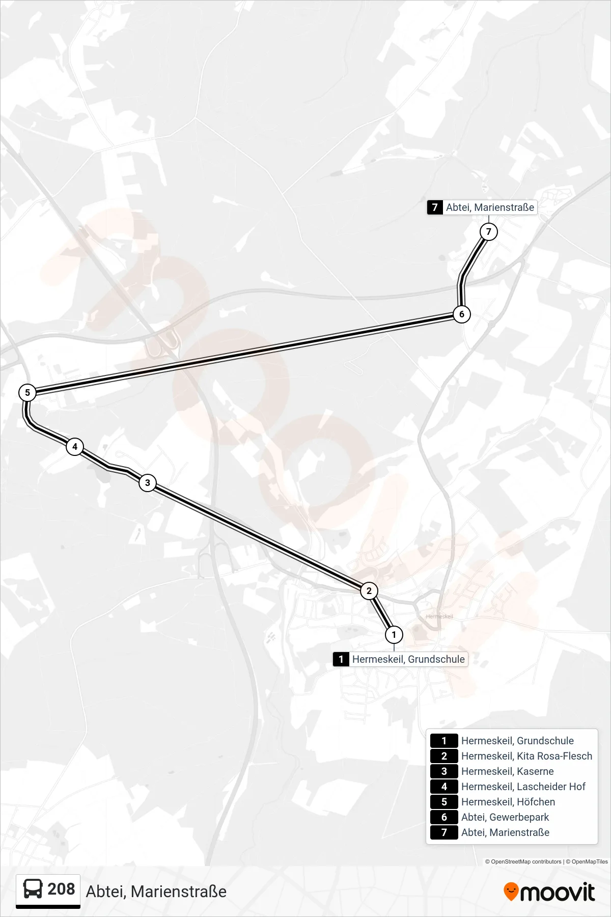 208 bus Line (Abtei, Marienstraße) route and stops on a map