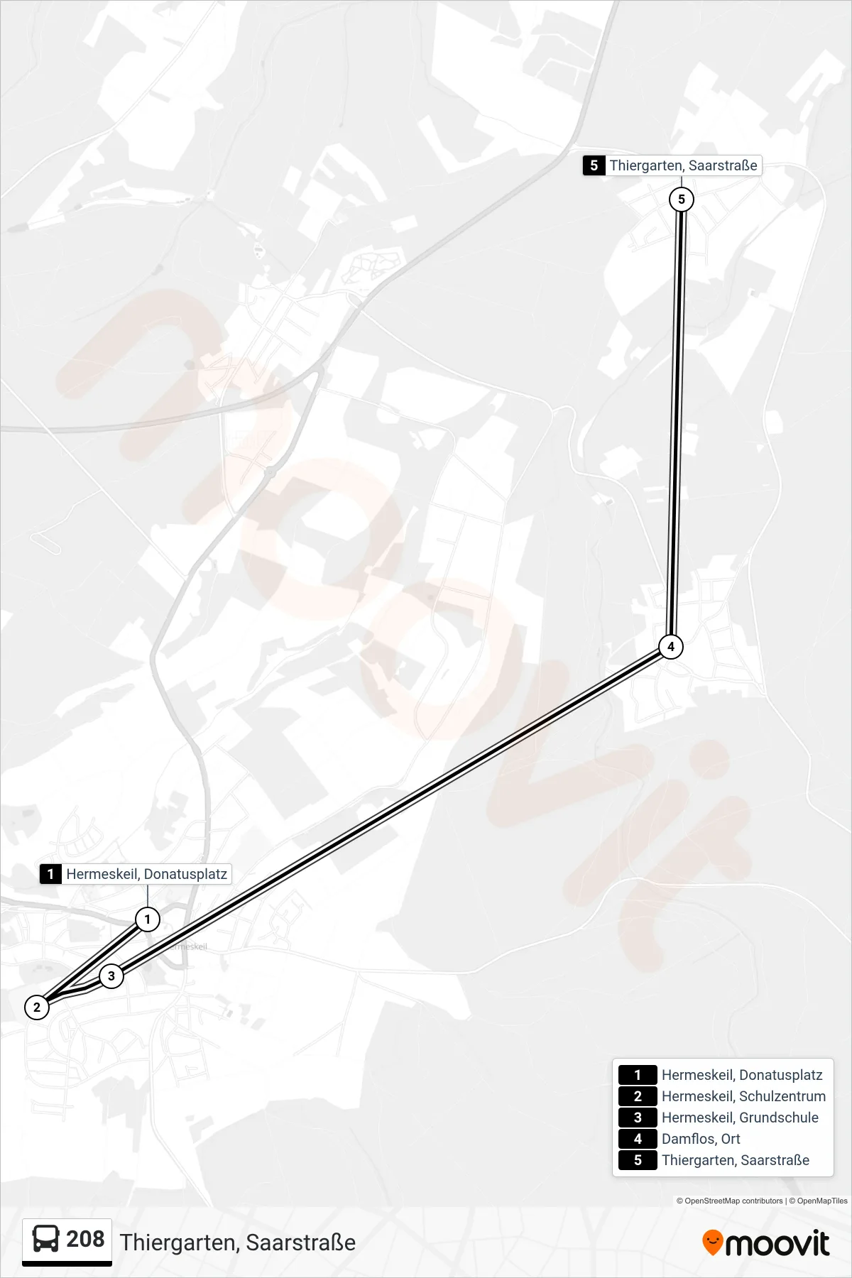 208 bus Line (Thiergarten, Saarstraße) route and stops on a map