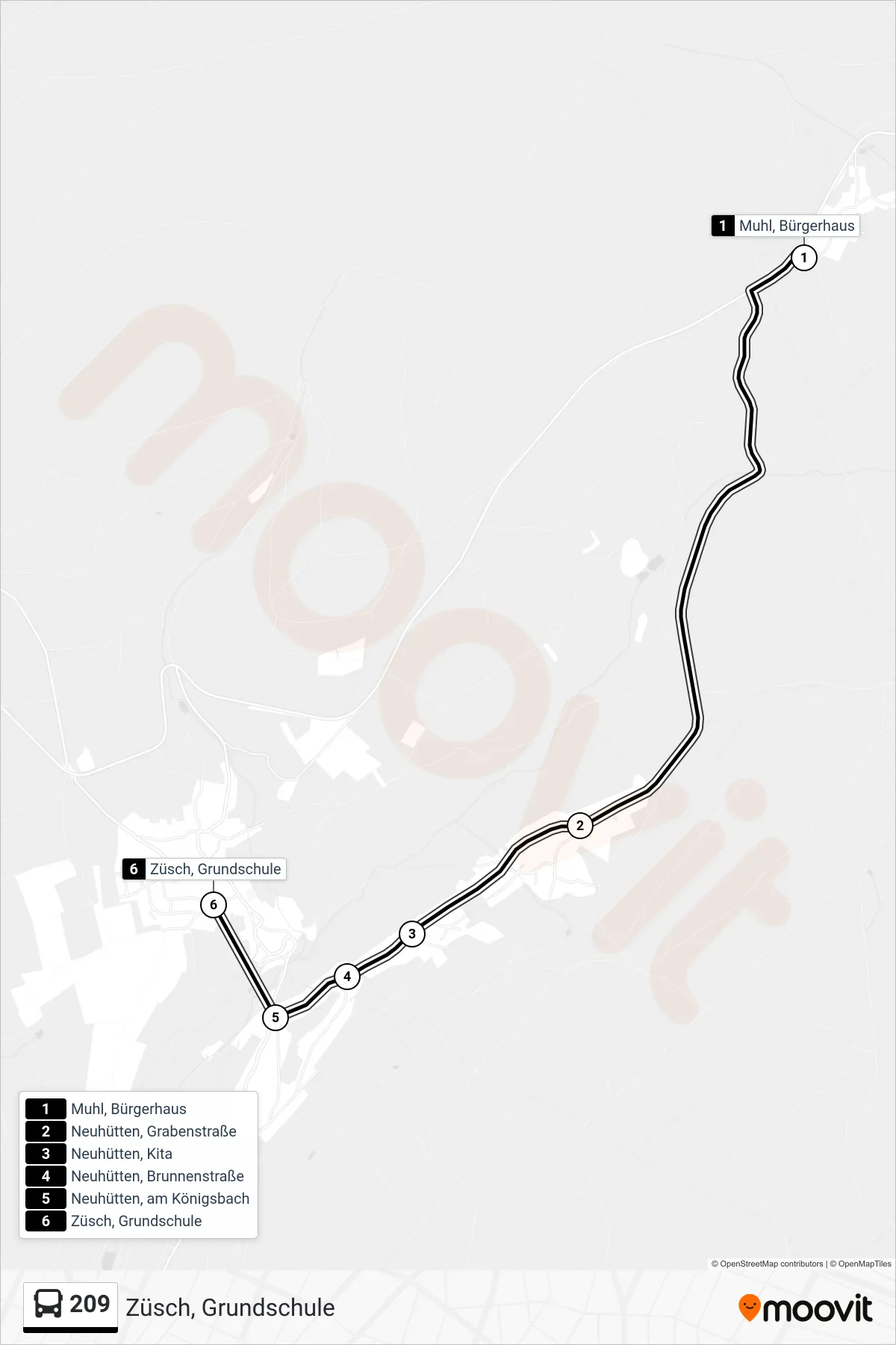 209 bus Line (Züsch, Grundschule) route and stops on a map