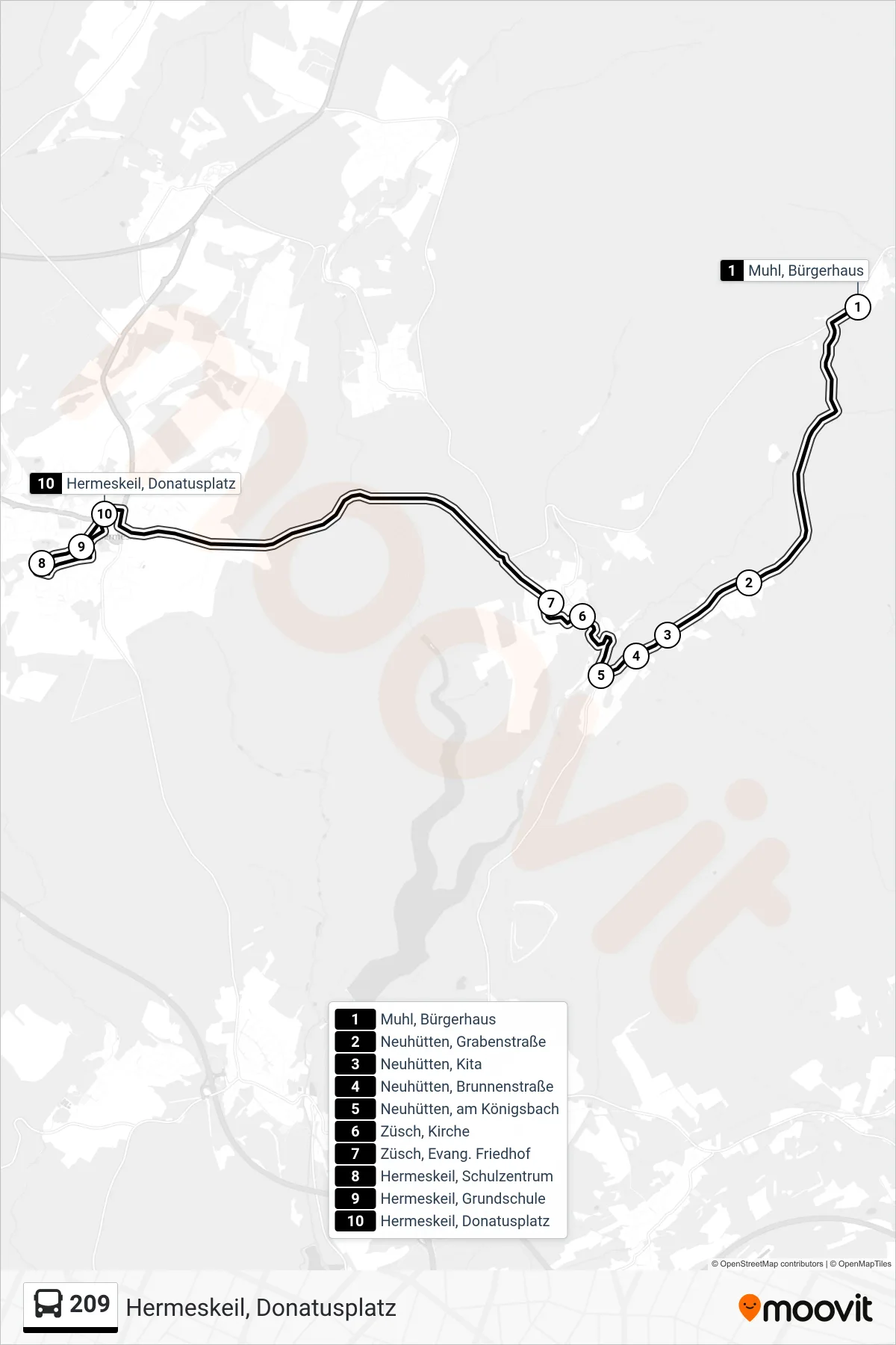 209 bus Line (Hermeskeil, Donatusplatz) route and stops on a map