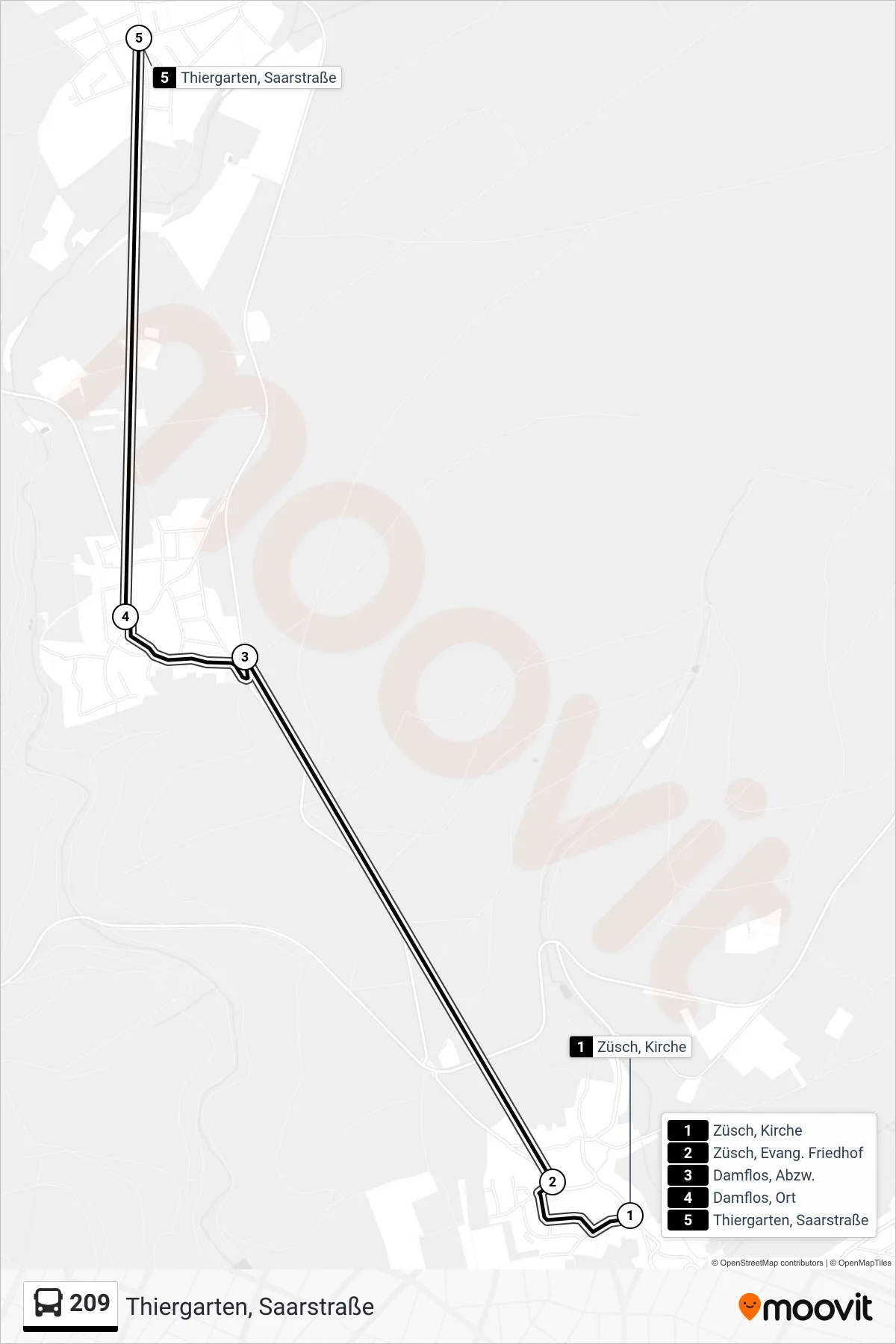 209 bus Line (Thiergarten, Saarstraße) route and stops on a map