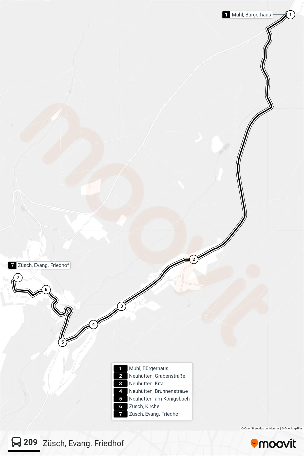 209 bus Line (Züsch, Evang. Friedhof) route and stops on a map