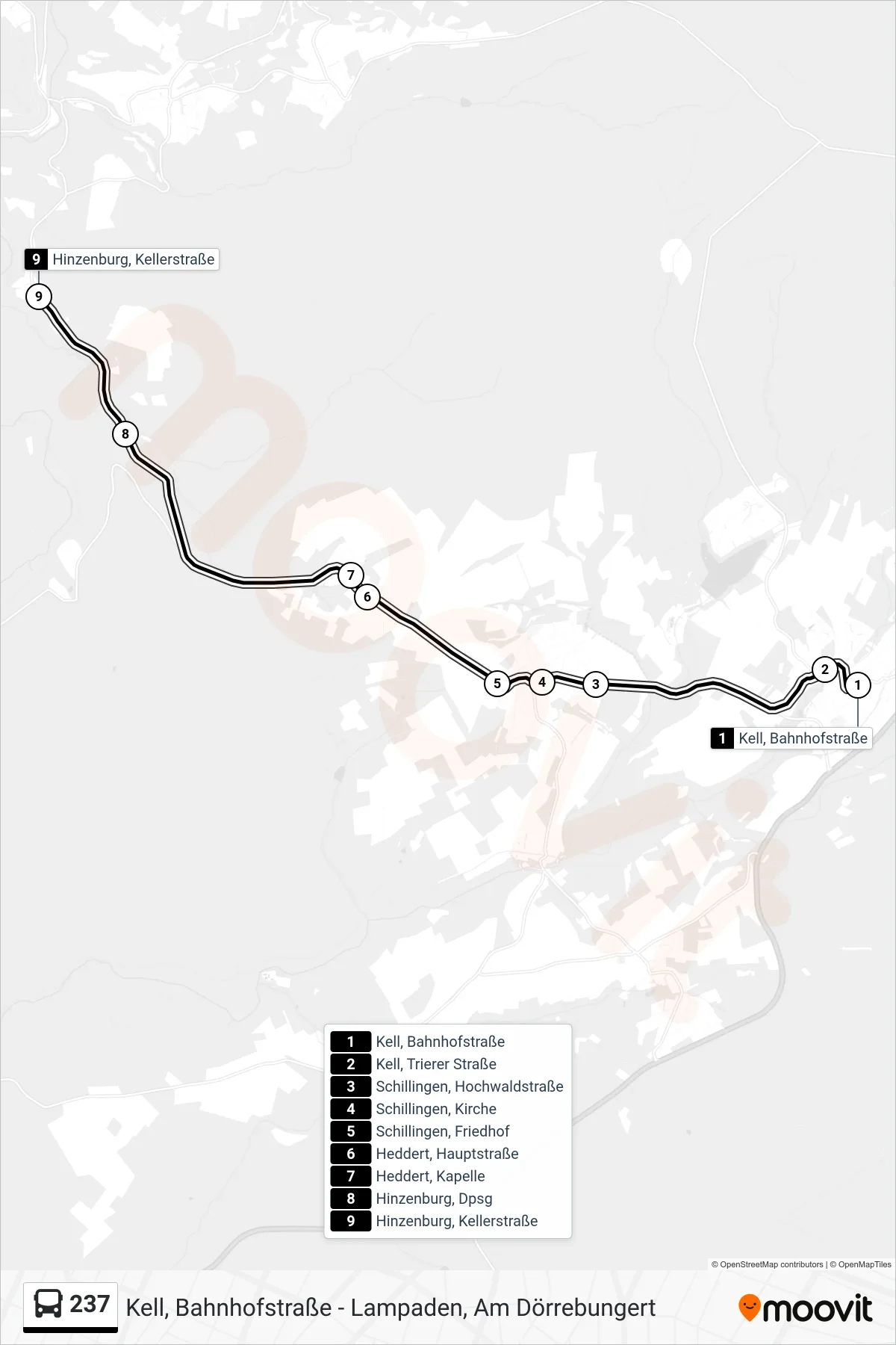 237 bus Line (Hinzenburg, Kellerstraße) route and stops on a map