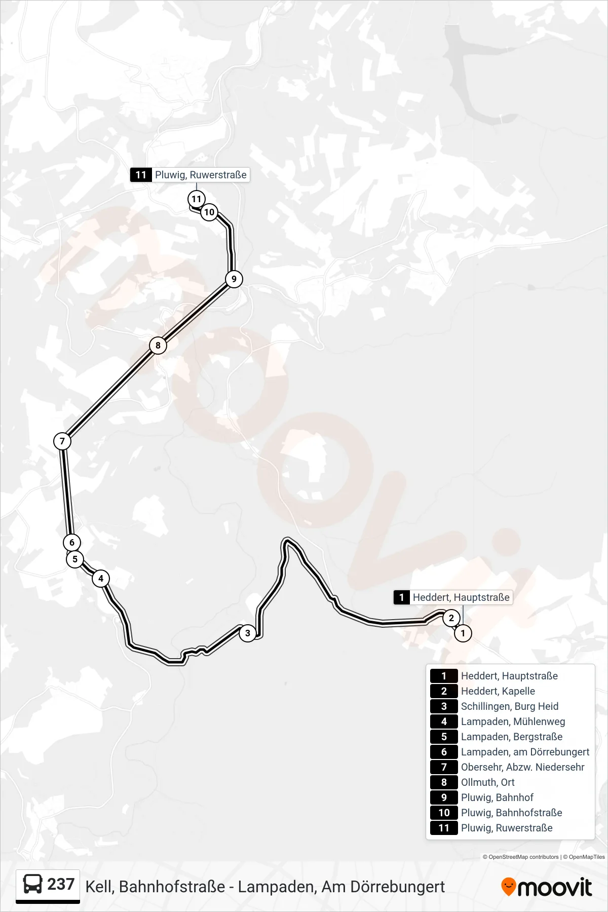 237 bus Line (Pluwig, Ruwerstraße) route and stops on a map