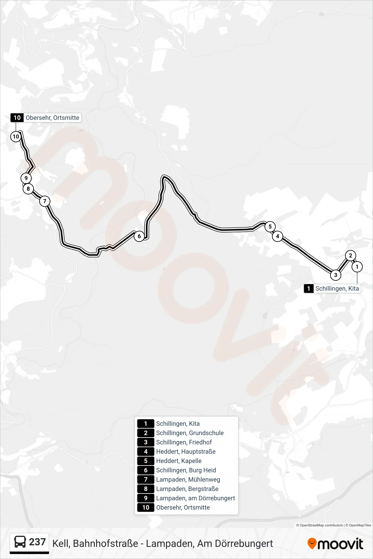 237 bus Line (Obersehr, Ortsmitte) route and stops on a map