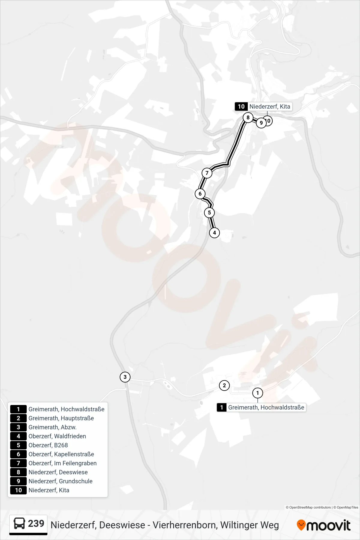 239 bus Line (Niederzerf, Kita) route and stops on a map
