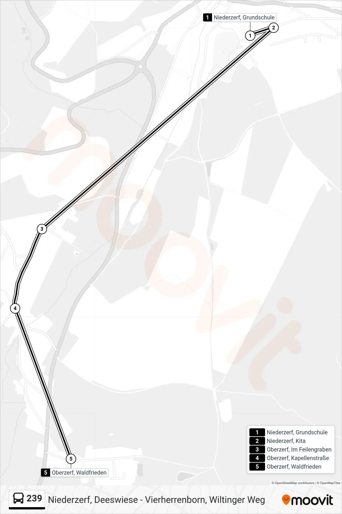 239 bus Line (Oberzerf, Waldfrieden) route and stops on a map