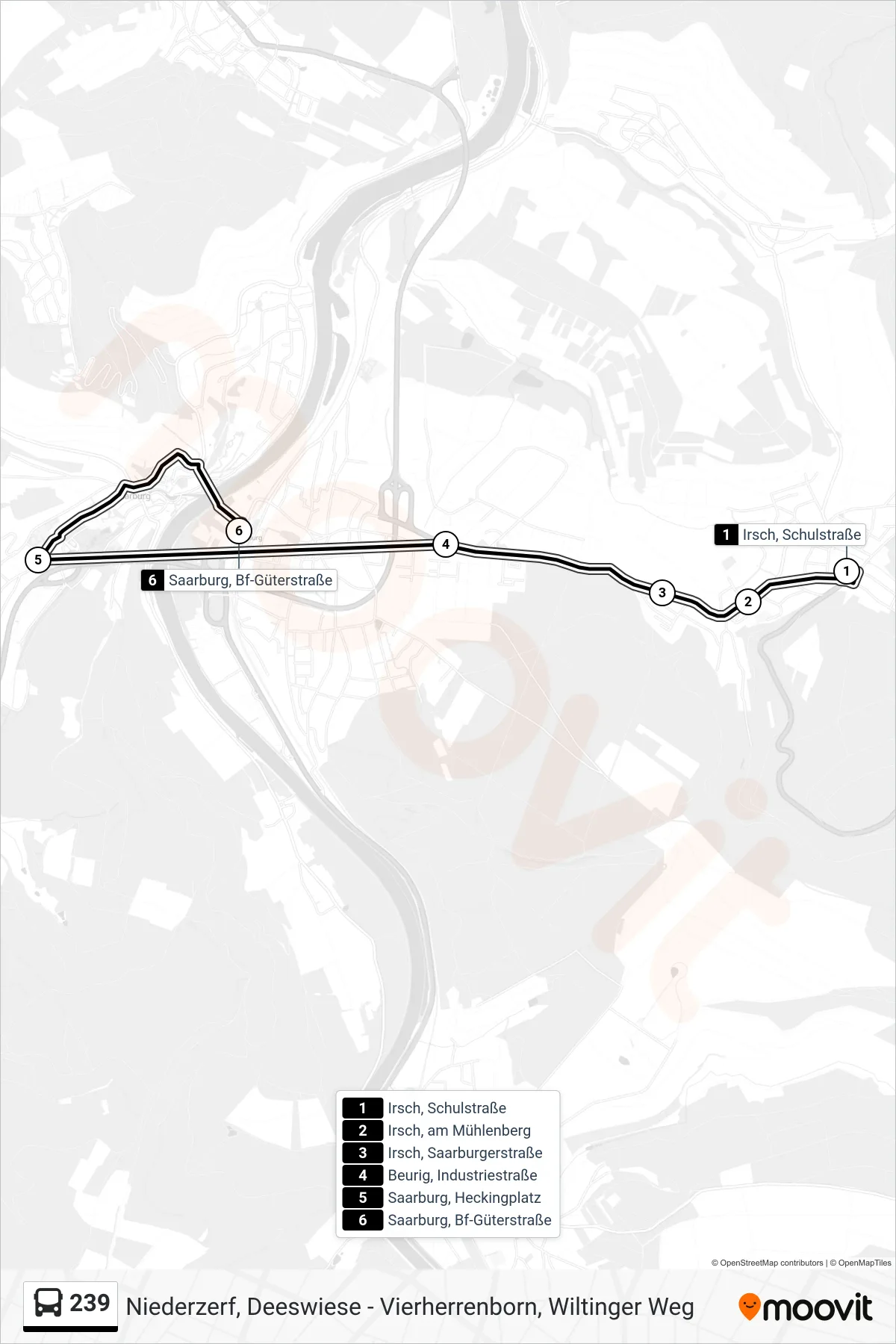 239 bus Line (Saarburg, Bf-Güterstraße) route and stops on a map