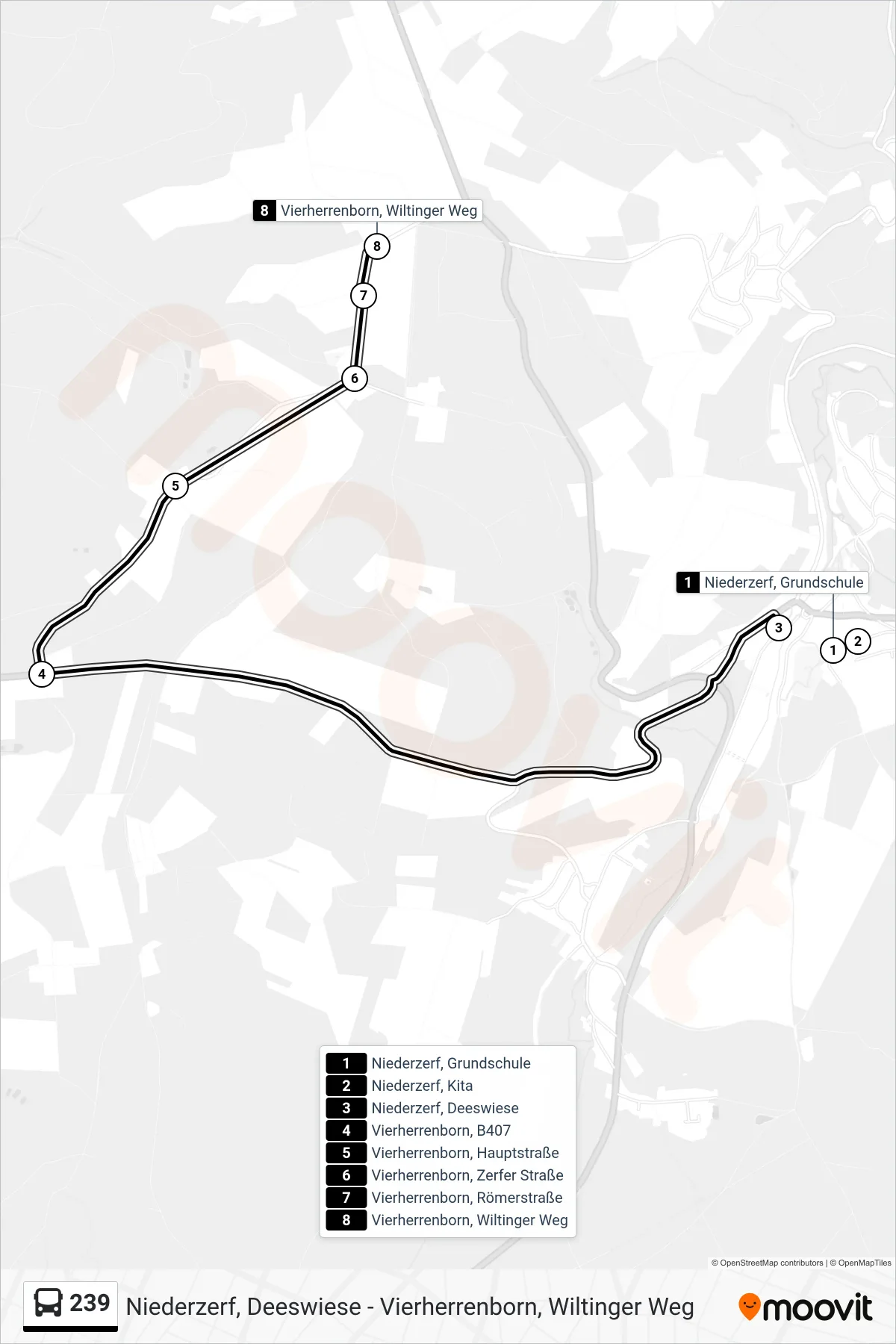 239 bus Line (Vierherrenborn, Wiltinger Weg) route and stops on a map