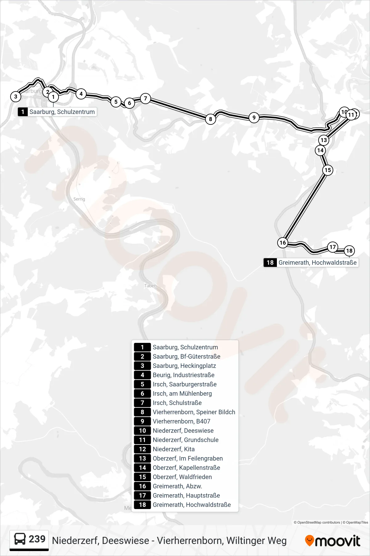 239 bus Line (Greimerath, Hochwaldstraße) route and stops on a map