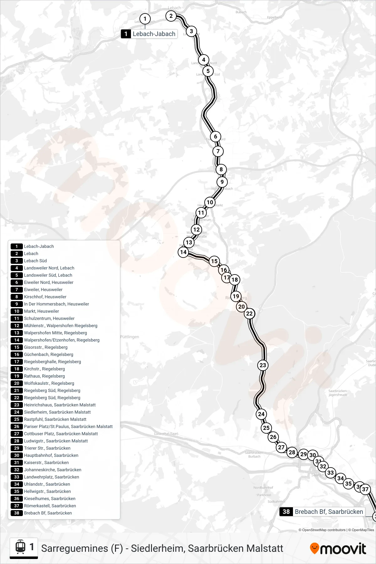 1 light rail Line (Brebach Bf, Saarbrücken) route and stops on a map