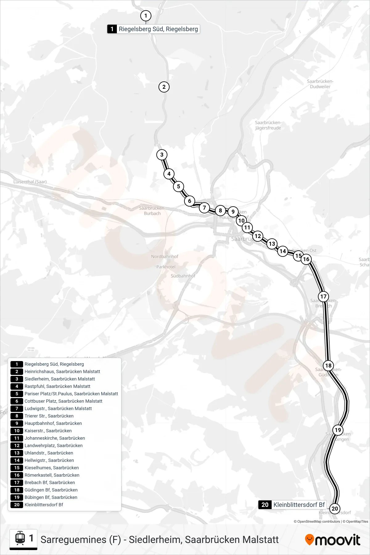 Linie 1 (Straßenbahn) Richtung Kleinblittersdorf Bf: Route und Haltestellen auf der Karte