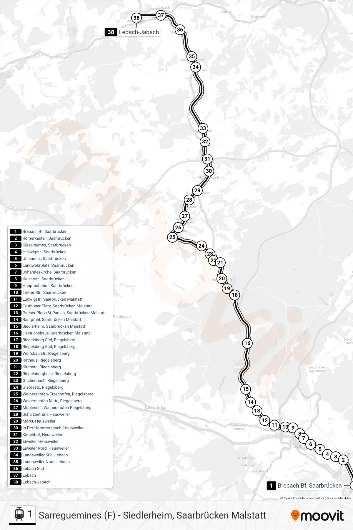 1 light rail Line (Lebach-Jabach) route and stops on a map