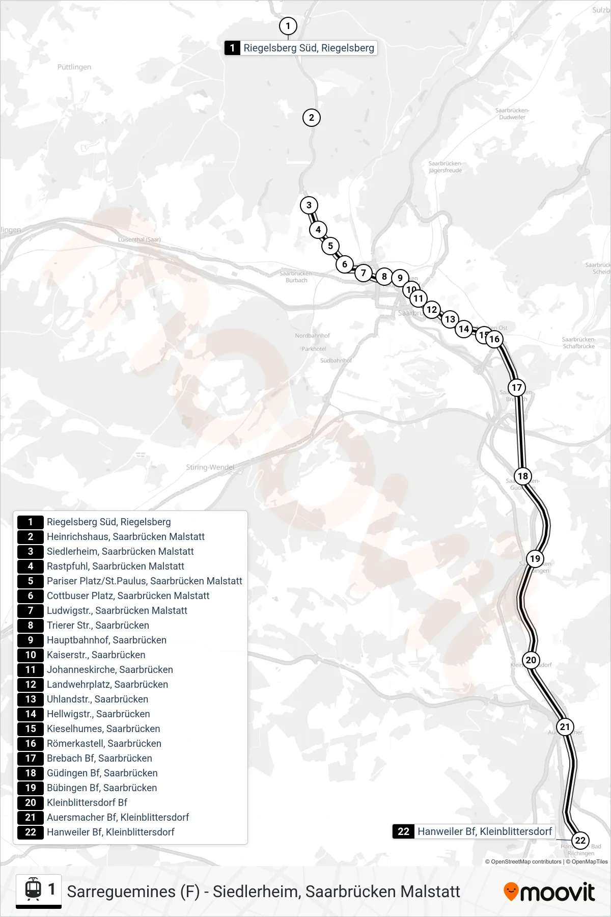 1 light rail Line (Hanweiler Bf, Kleinblittersdorf) route and stops on a map