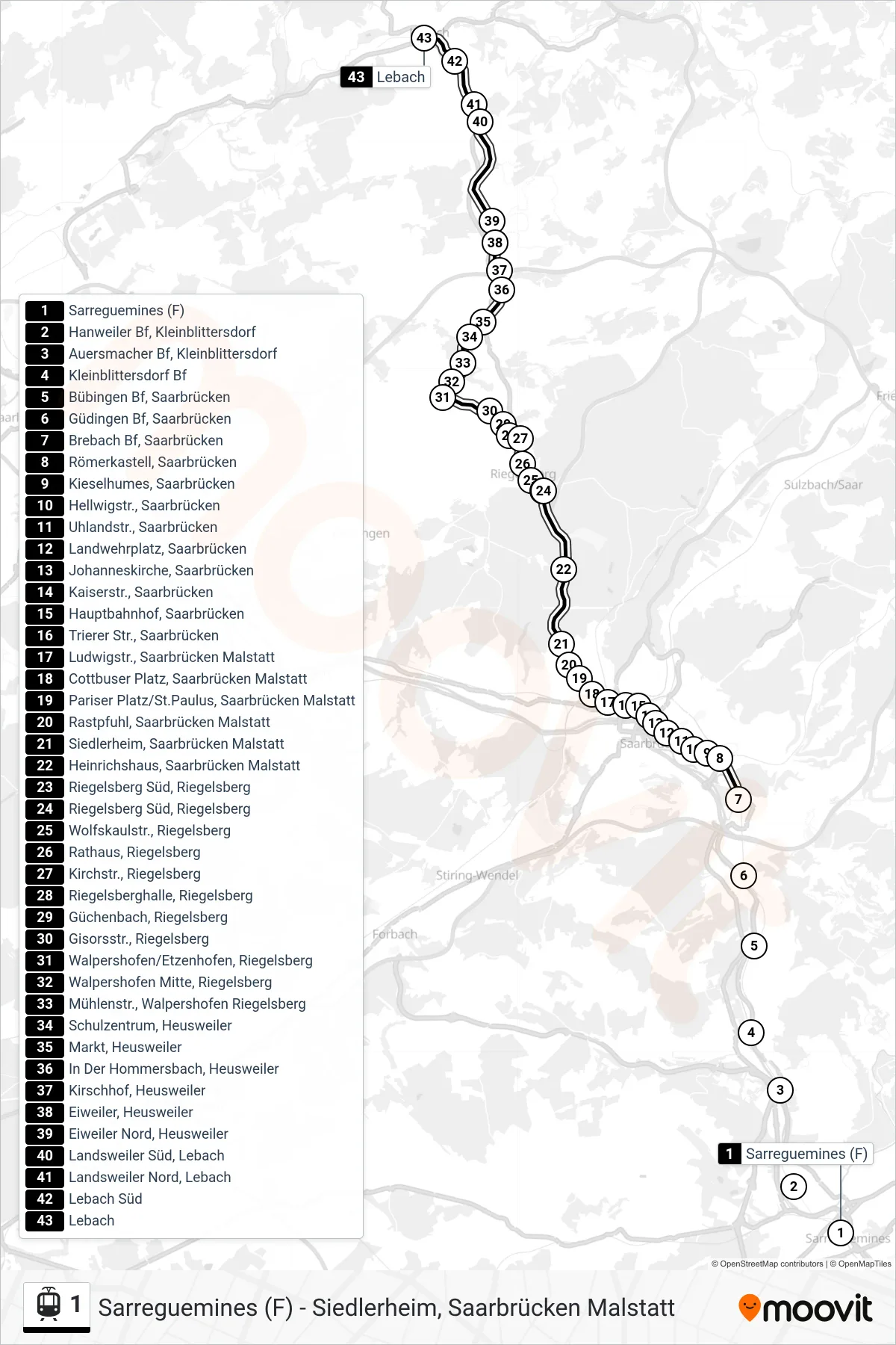 1 light rail Line (Lebach) route and stops on a map