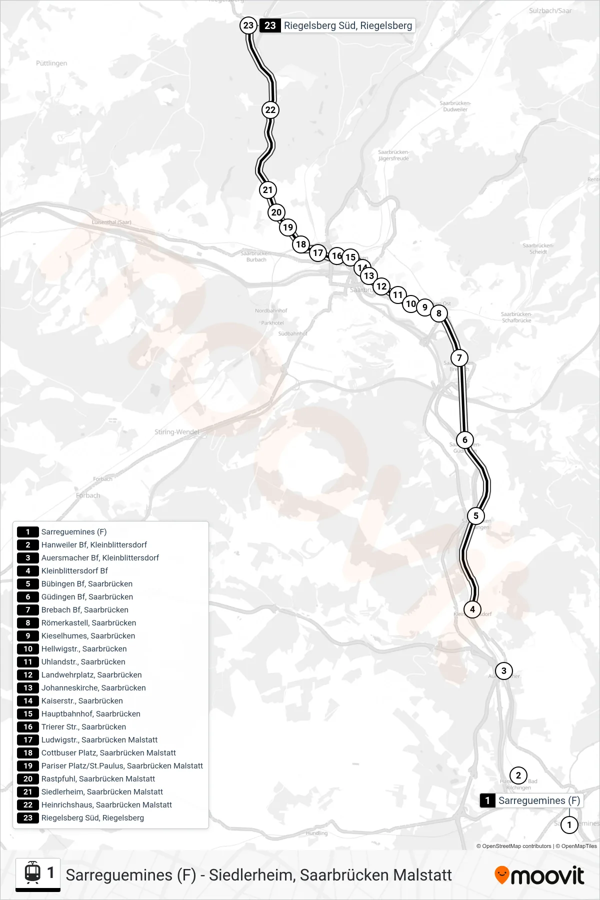 1 light rail Line (Riegelsberg Süd, Riegelsberg) route and stops on a map