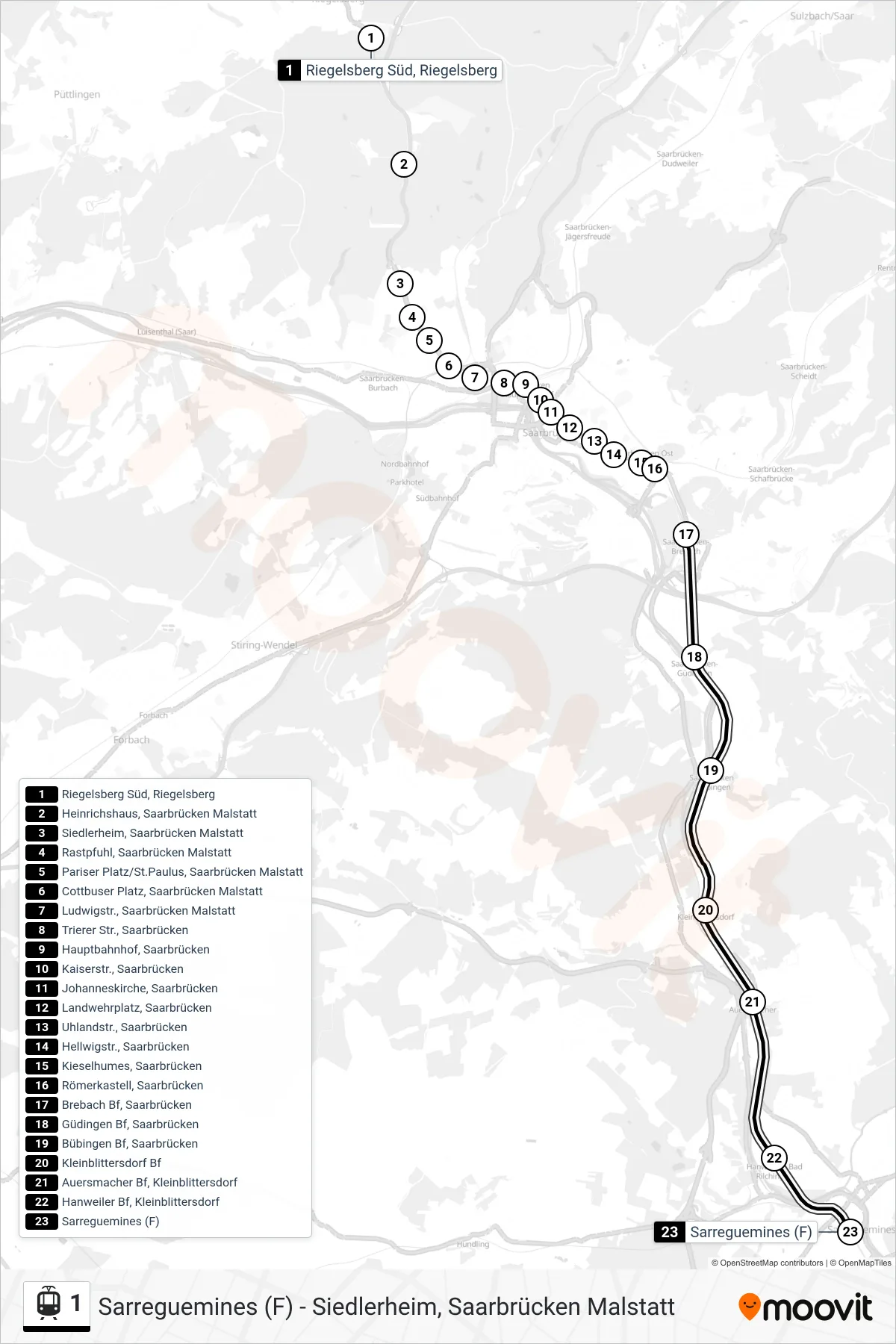 1 light rail Line (Sarreguemines (F)) route and stops on a map