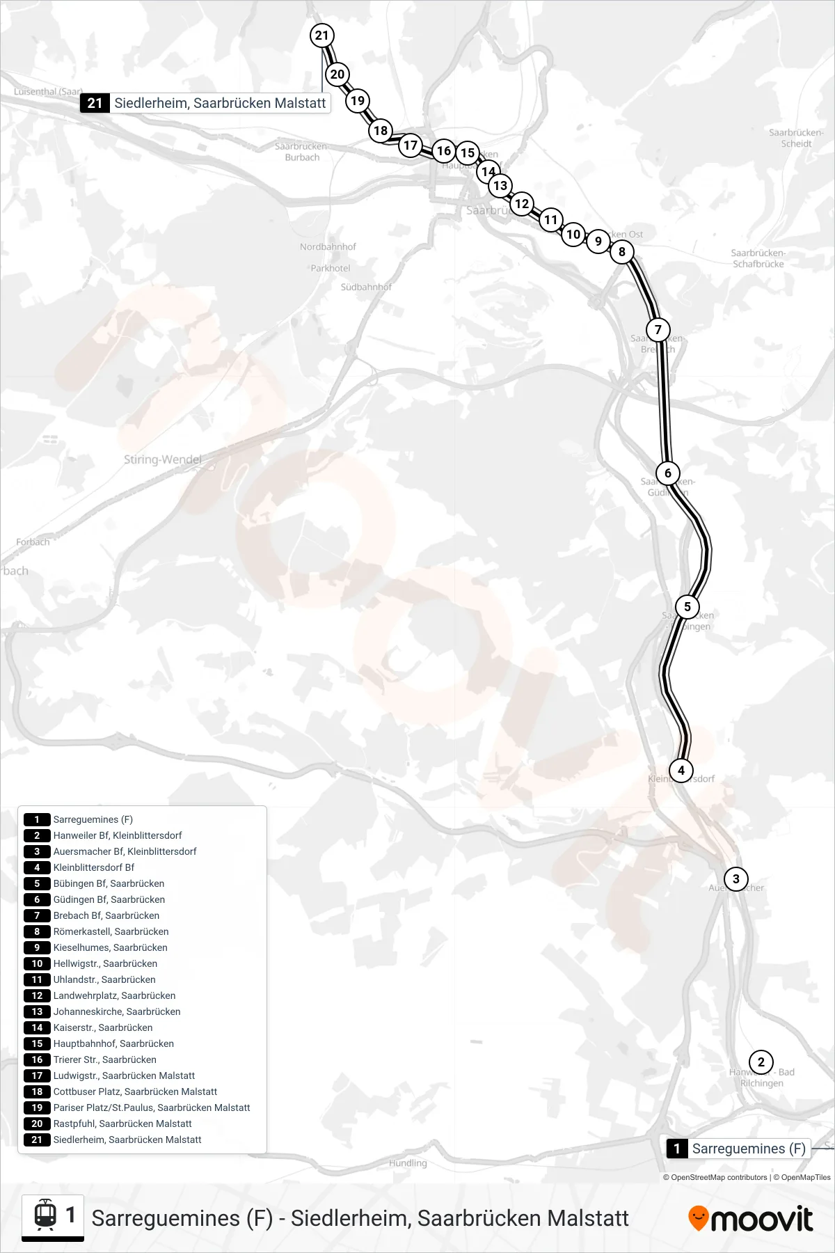 1 tram Line (Siedlerheim, Saarbrücken Malstatt) route and stops on a map