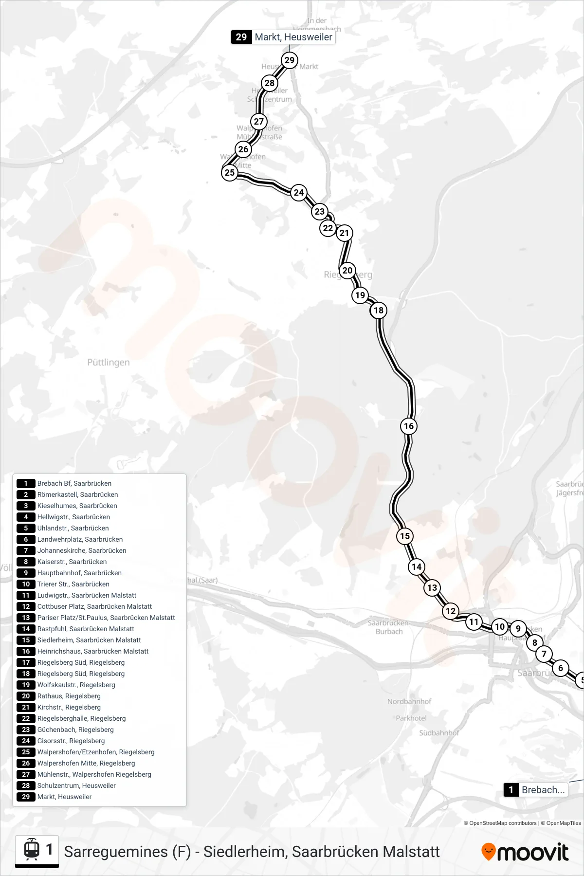 1 light rail Line (Markt, Heusweiler) route and stops on a map