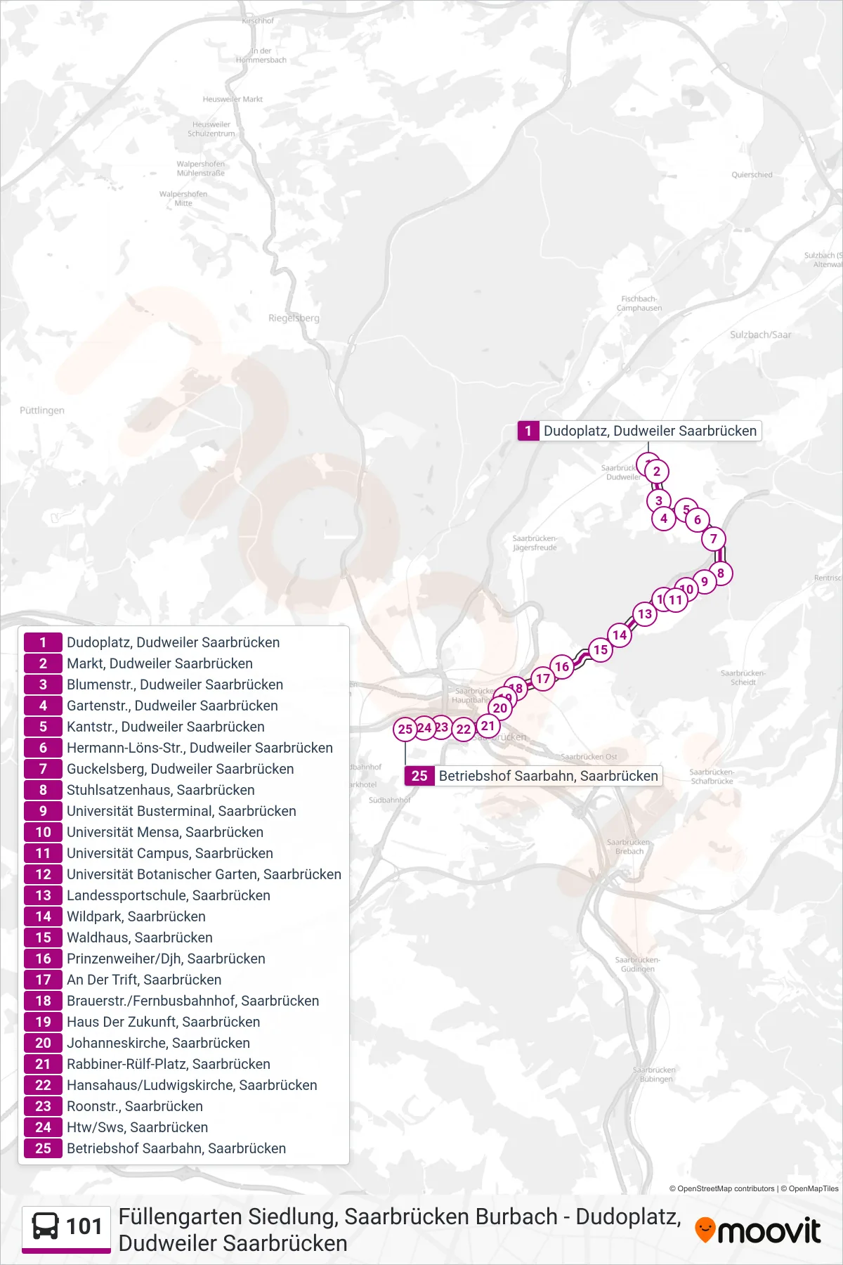 101 bus Line (Betriebshof Saarbahn, Saarbrücken) route and stops on a map