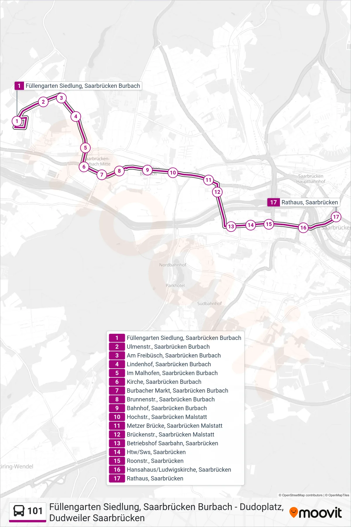 101 bus Line (Rathaus, Saarbrücken) route and stops on a map