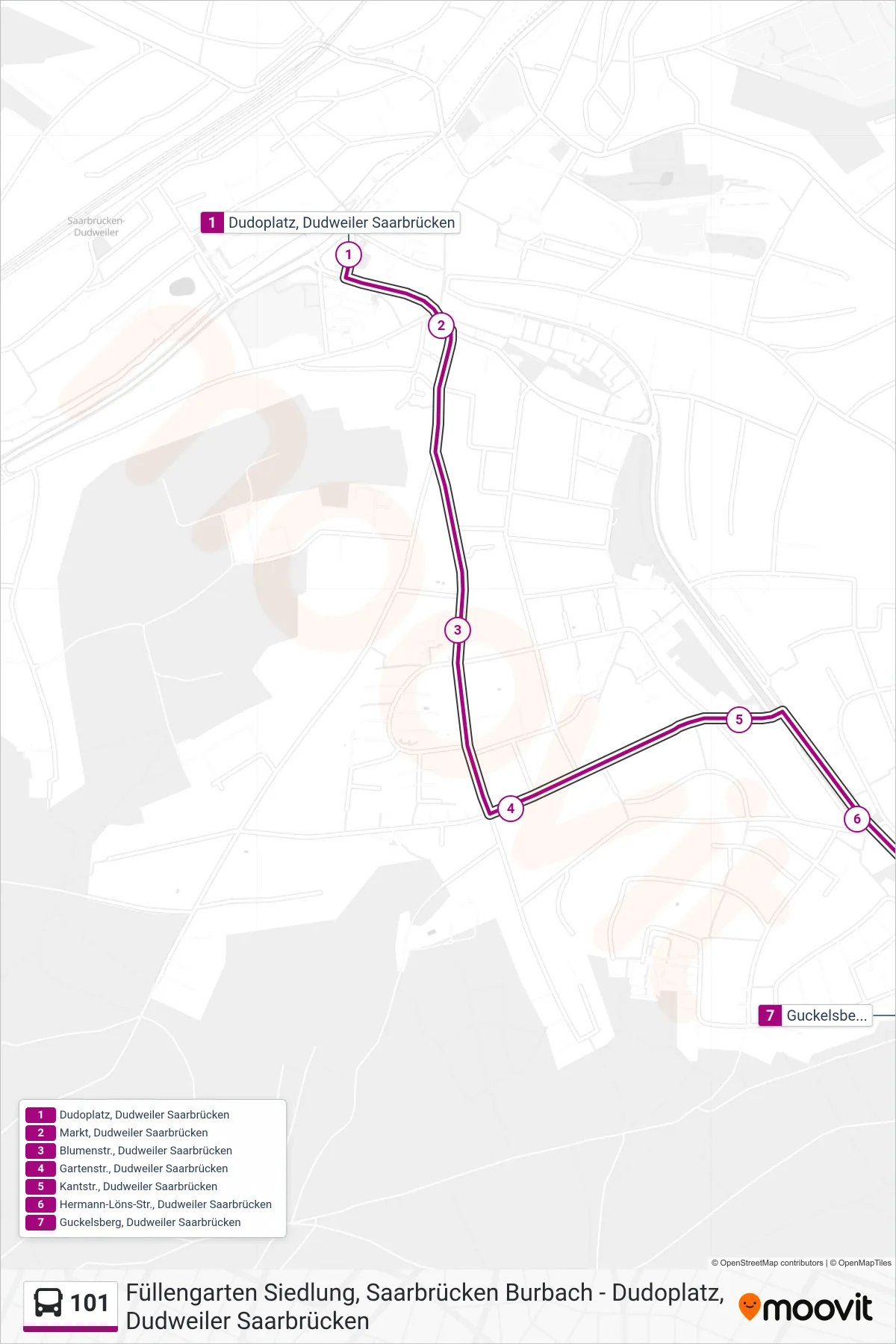 101 bus Line (Guckelsberg, Dudweiler Saarbrücken) route and stops on a map