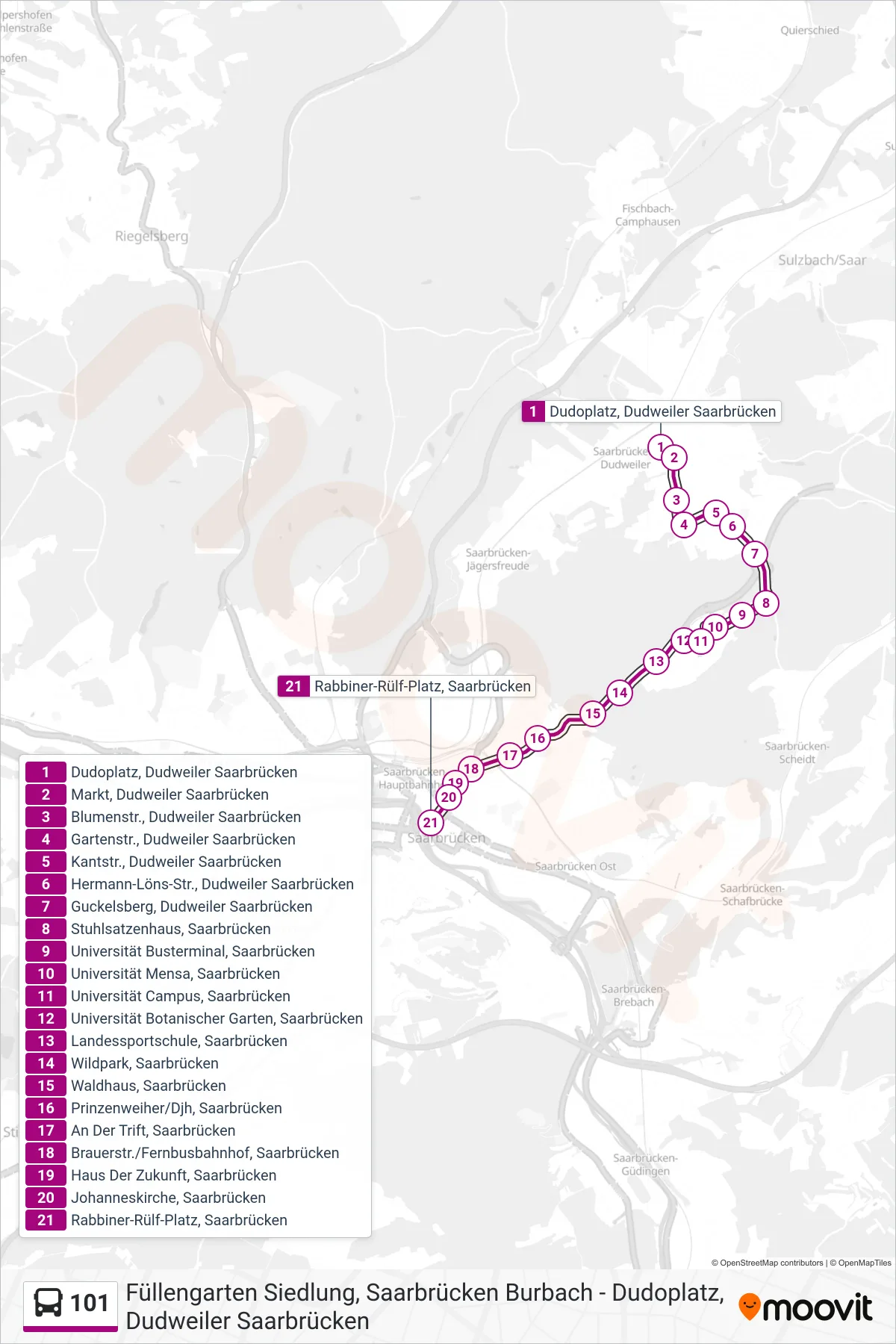 101 bus Line (Rabbiner-Rülf-Platz, Saarbrücken) route and stops on a map