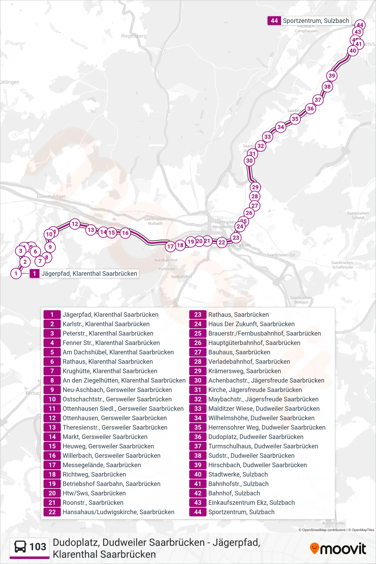 103 bus Line (Sportzentrum, Sulzbach) route and stops on a map