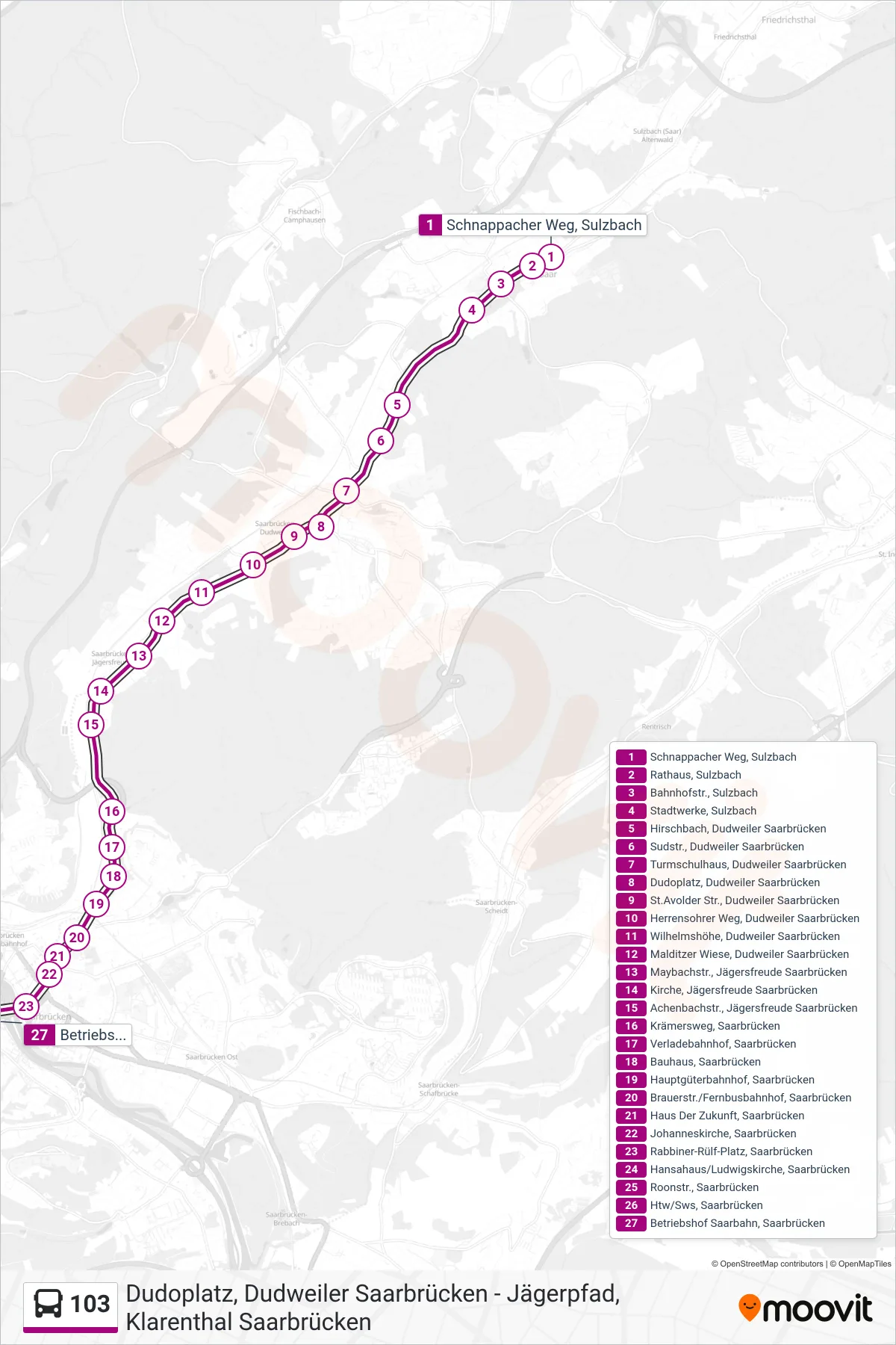 103 bus Line (Betriebshof Saarbahn, Saarbrücken) route and stops on a map
