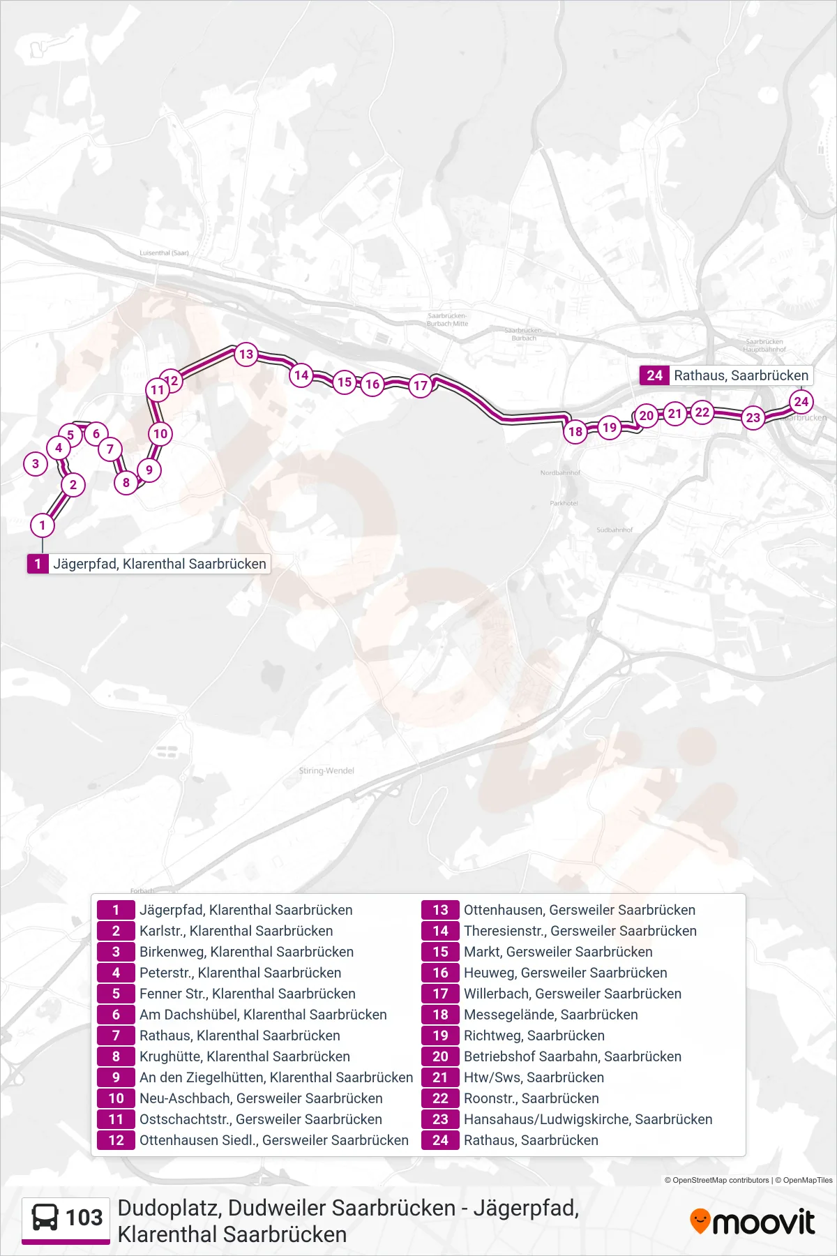 103 bus Line (Rathaus, Saarbrücken) route and stops on a map