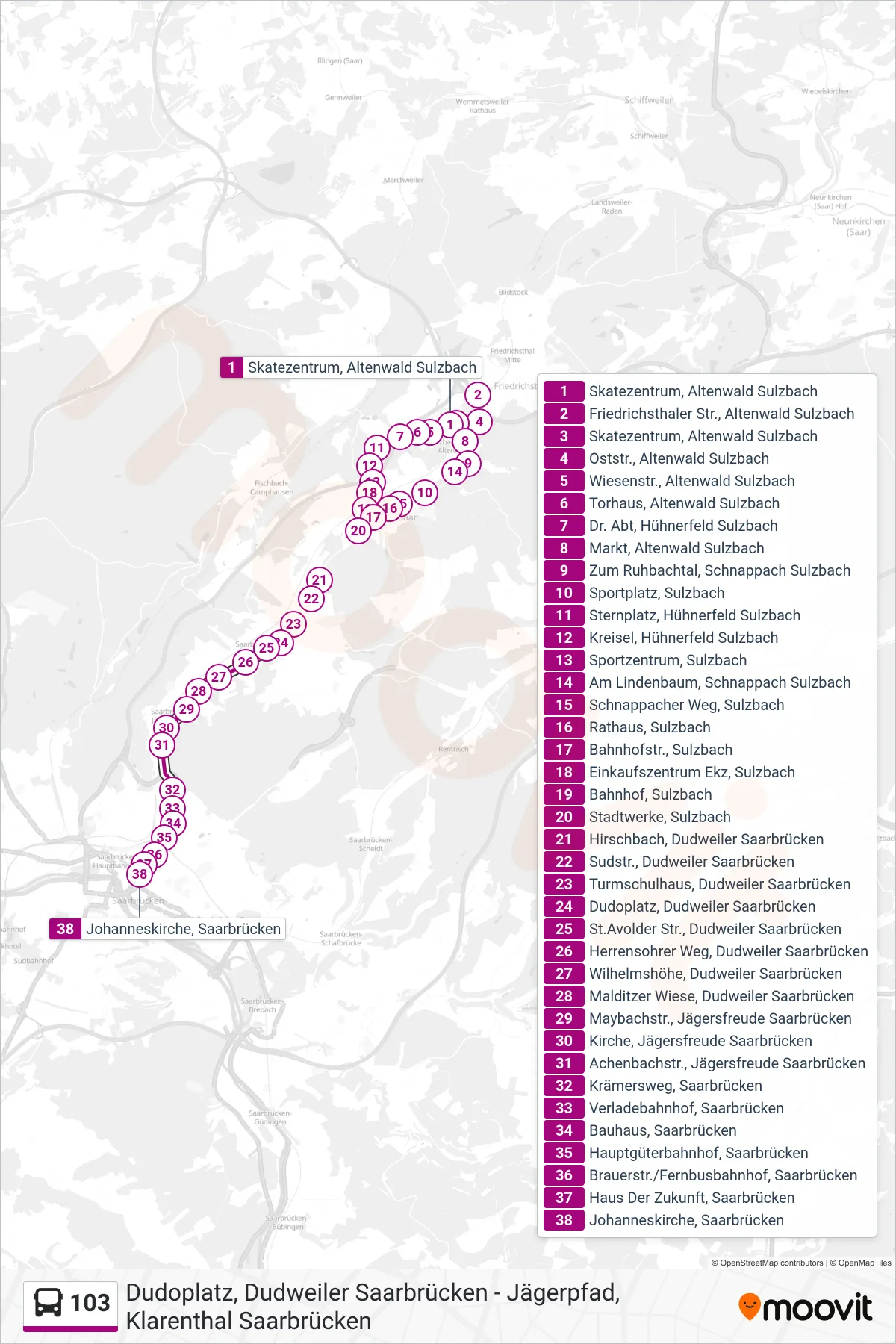 103 bus Line (Johanneskirche, Saarbrücken) route and stops on a map
