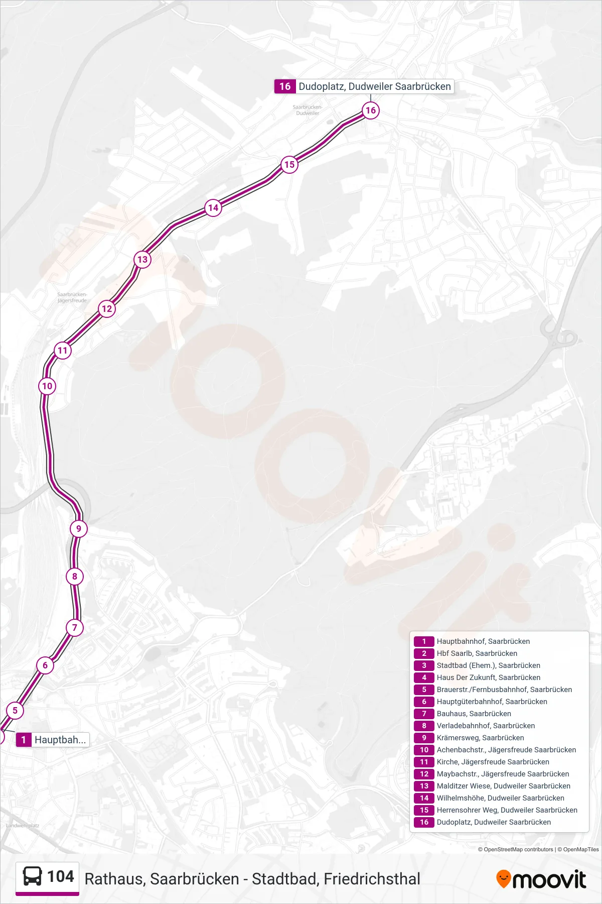 Linie 104 (Bus) Richtung Dudoplatz, Dudweiler Saarbrücken: Route und Haltestellen auf der Karte