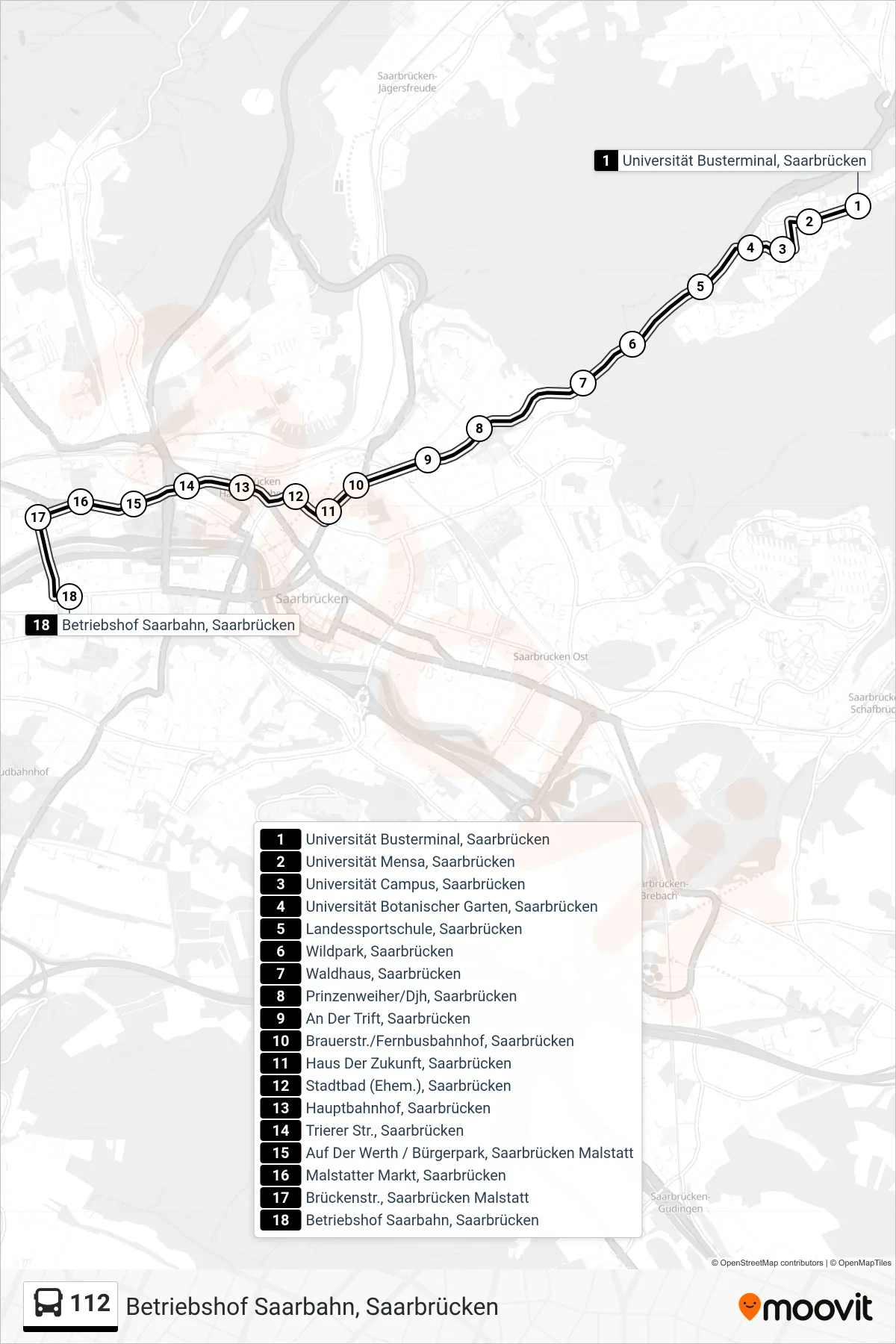 112 bus Line (Betriebshof Saarbahn, Saarbrücken) route and stops on a map