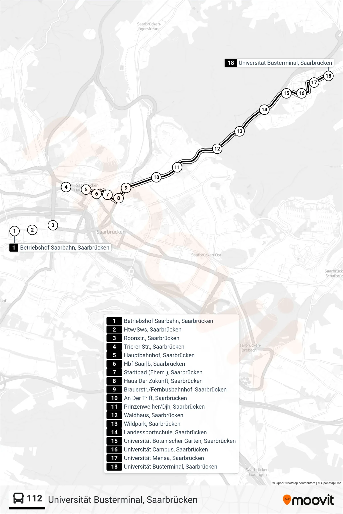 Linie 112 (Bus) Richtung Universität Busterminal, Saarbrücken: Route und Haltestellen auf der Karte