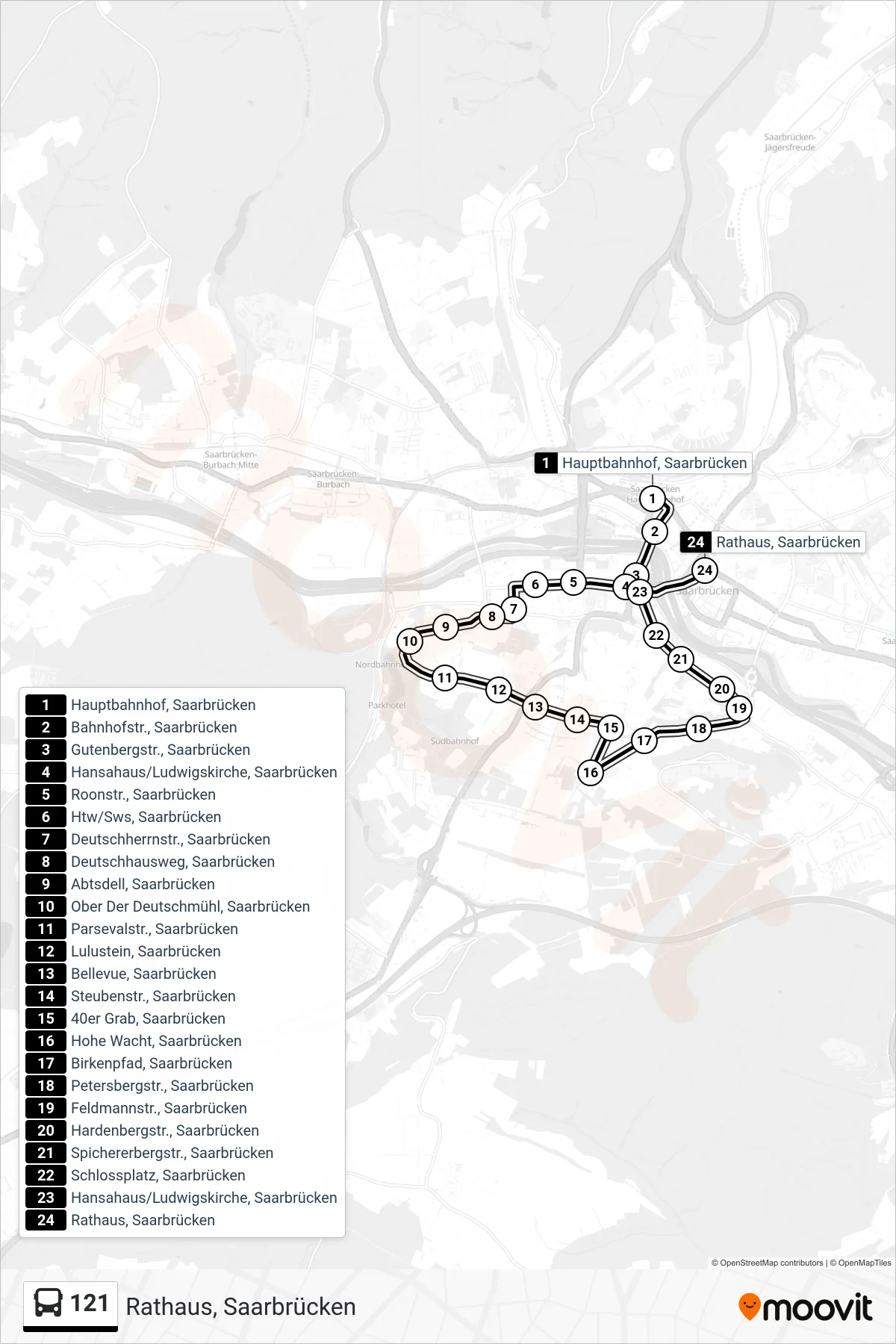 Linie 121 (Bus) Richtung Rathaus, Saarbrücken: Route und Haltestellen auf der Karte