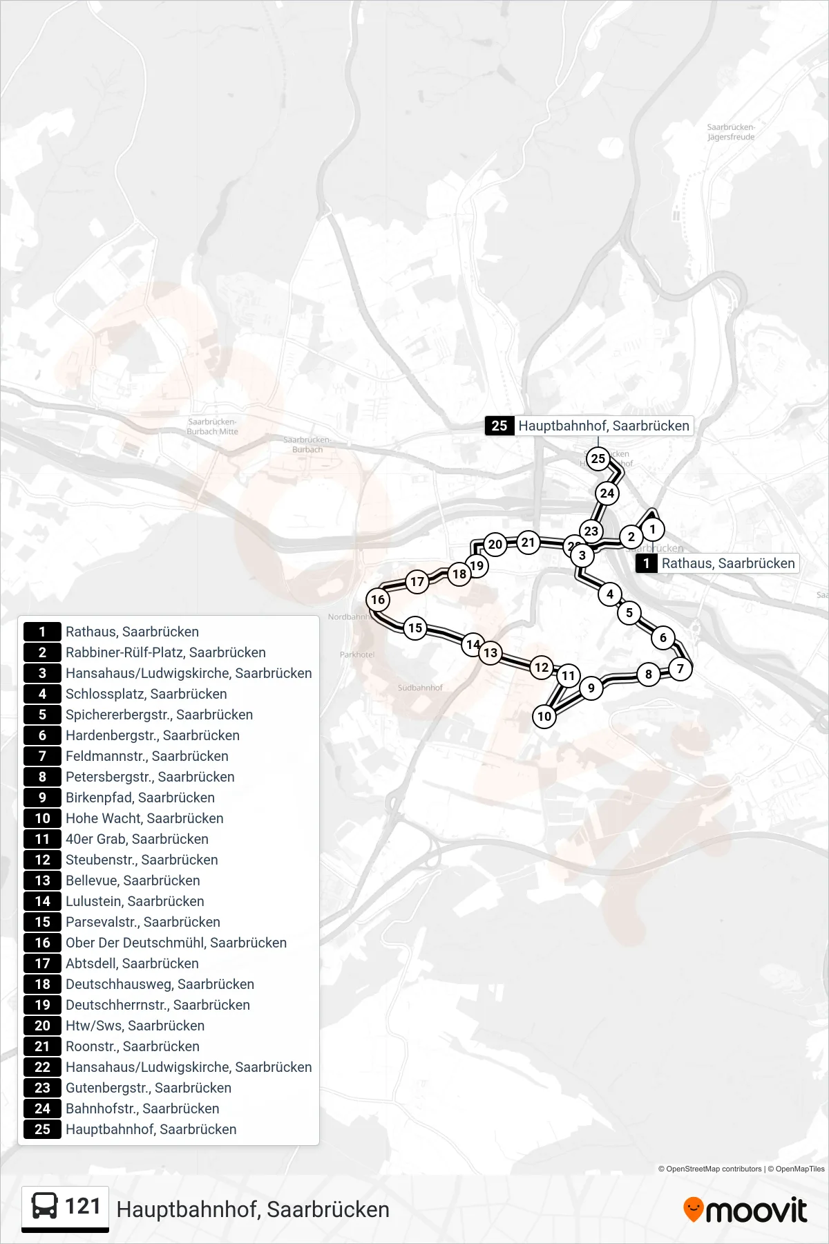 121 bus Line (Hauptbahnhof, Saarbrücken) route and stops on a map