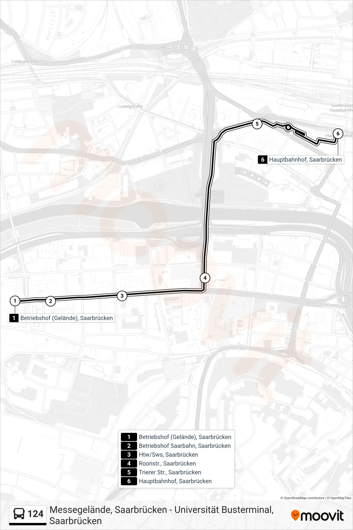 124 bus Line (Hauptbahnhof, Saarbrücken) route and stops on a map