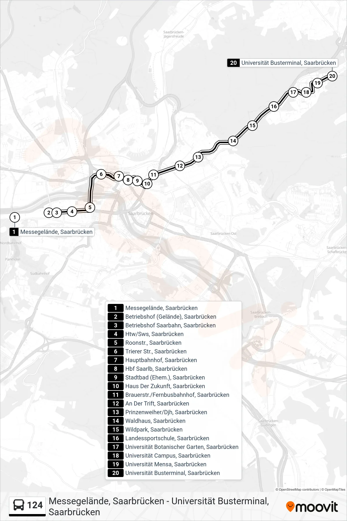124 bus Line (Universität Busterminal, Saarbrücken) route and stops on a map