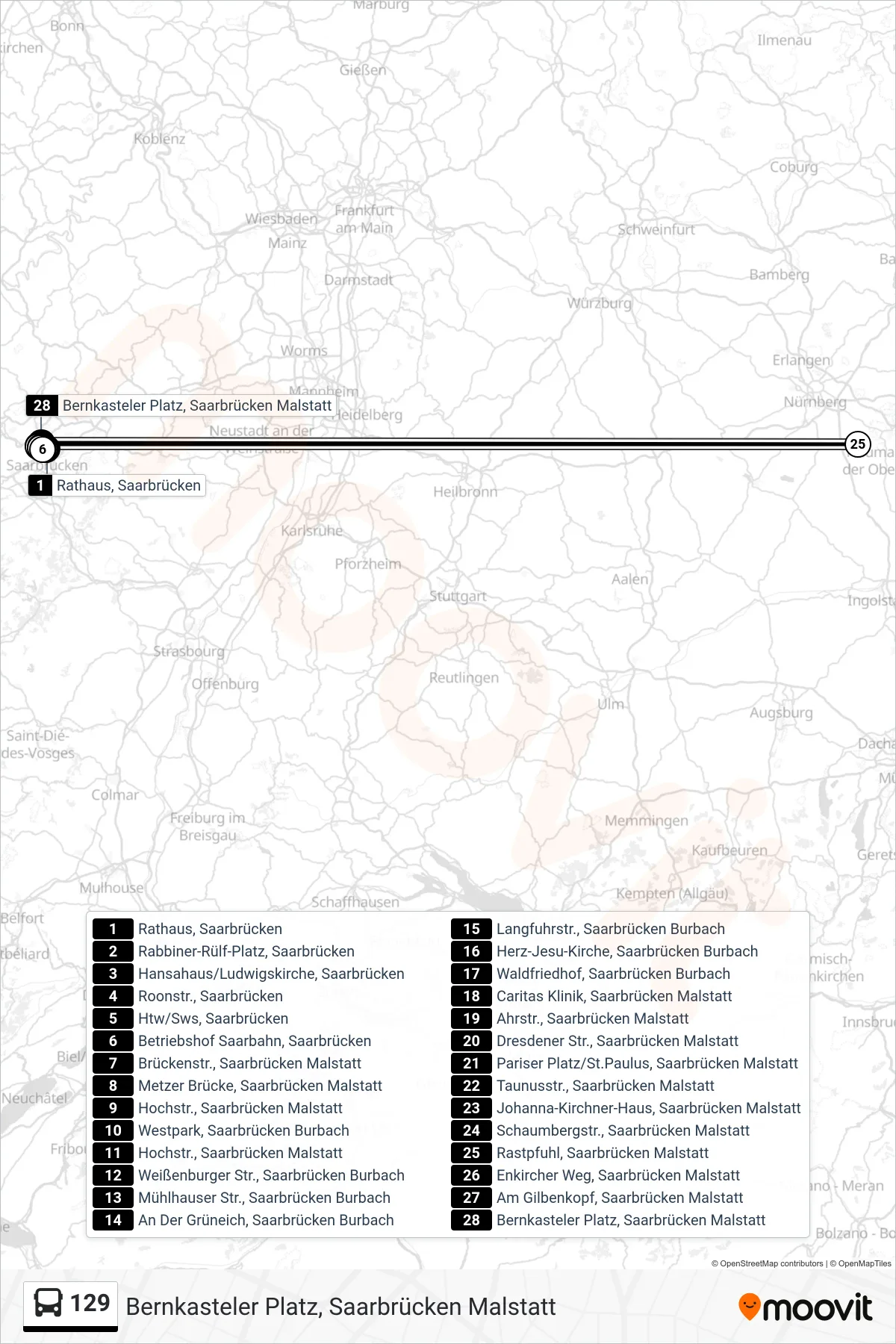 129 bus Line (Bernkasteler Platz, Saarbrücken Malstatt) route and stops on a map