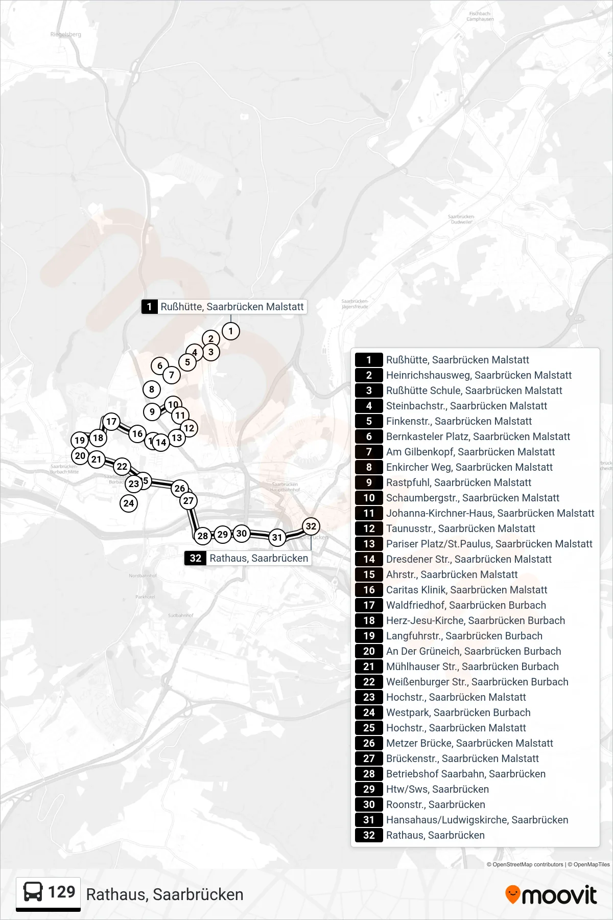 129 bus Line (Rathaus, Saarbrücken) route and stops on a map