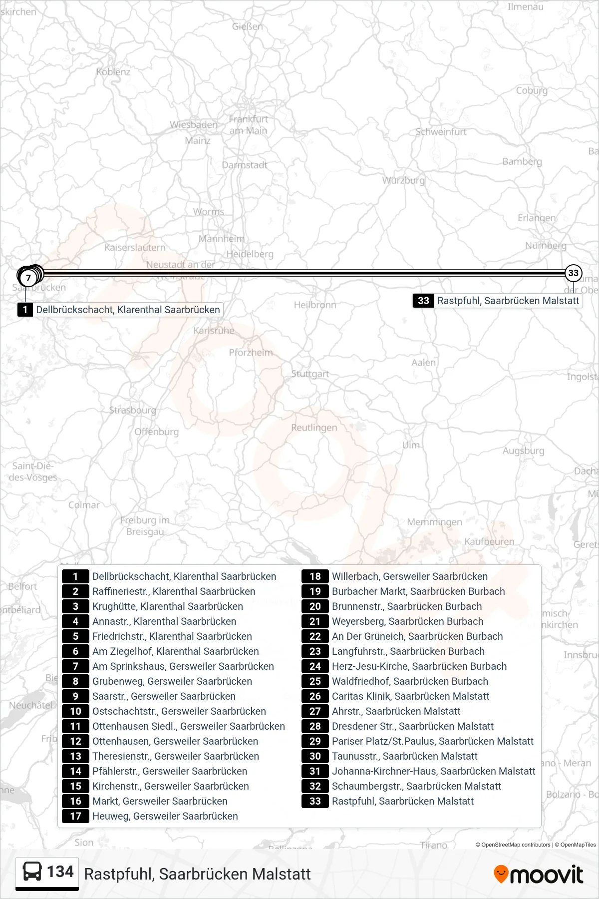 134 bus Line (Rastpfuhl, Saarbrücken Malstatt) route and stops on a map