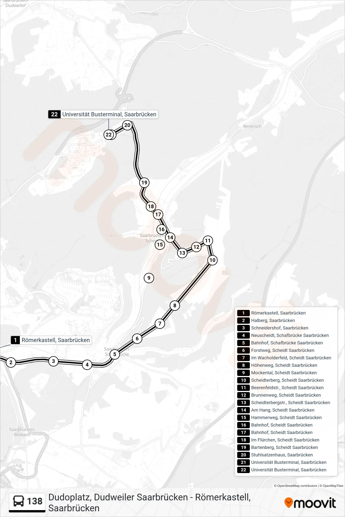 Linie 138 (Bus) Richtung Universität Busterminal, Saarbrücken: Route und Haltestellen auf der Karte